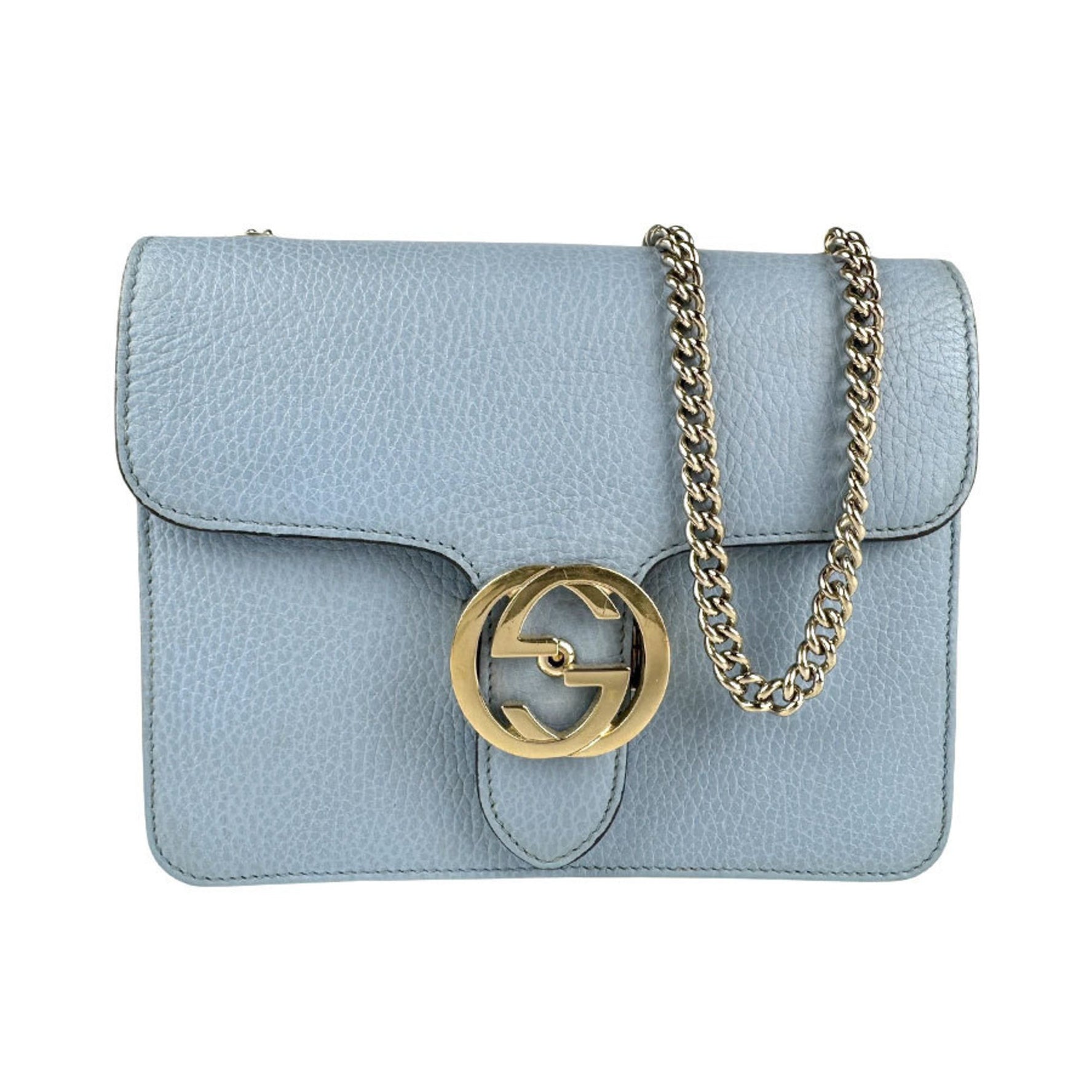 Gucci Interlocking G Leather Shoulder Bag in Light Blue and Gold