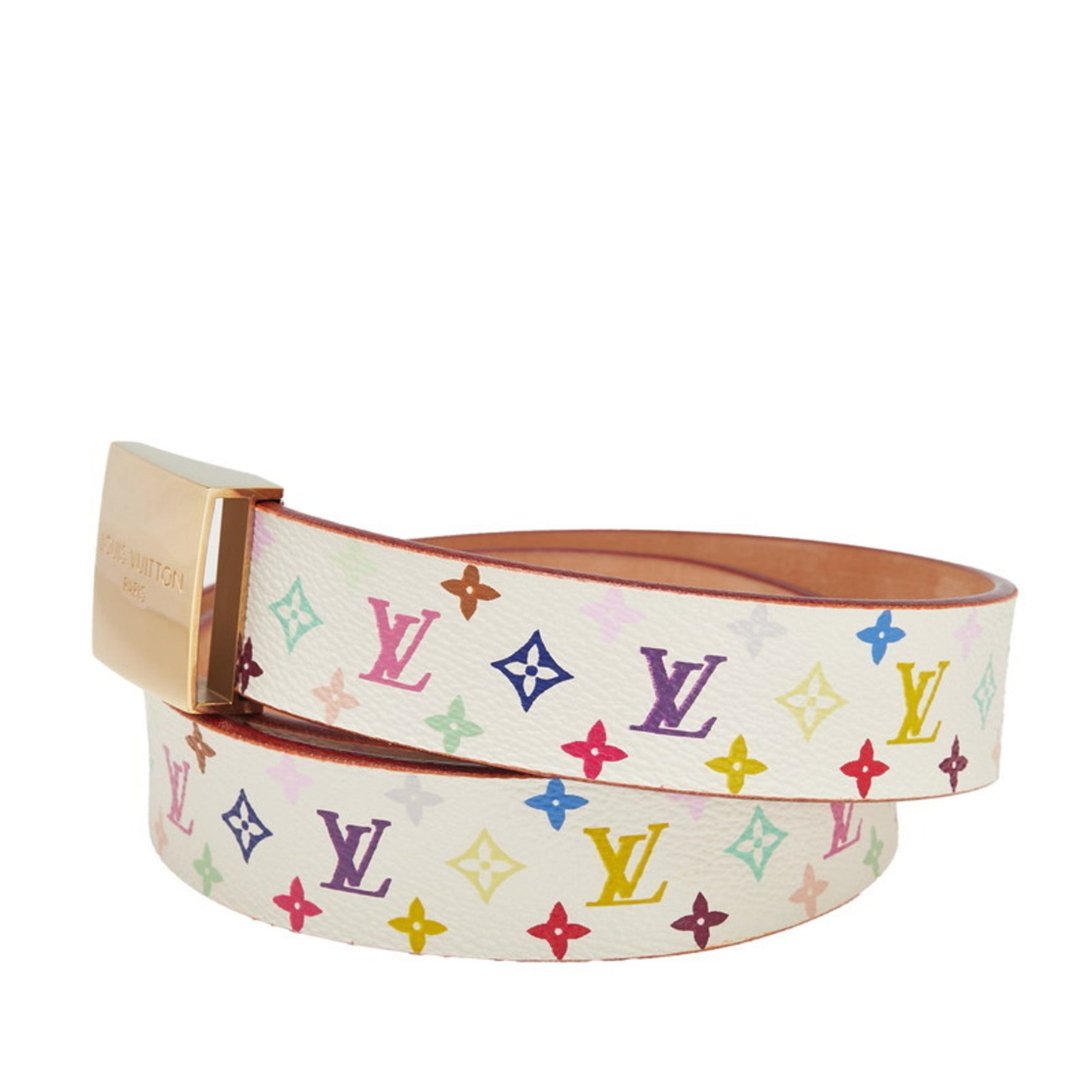 Louis Vuitton Monogram Multicolore Santur Carre Belt, Size 70 (28), Blanc White Leather, LOUIS VUITTON