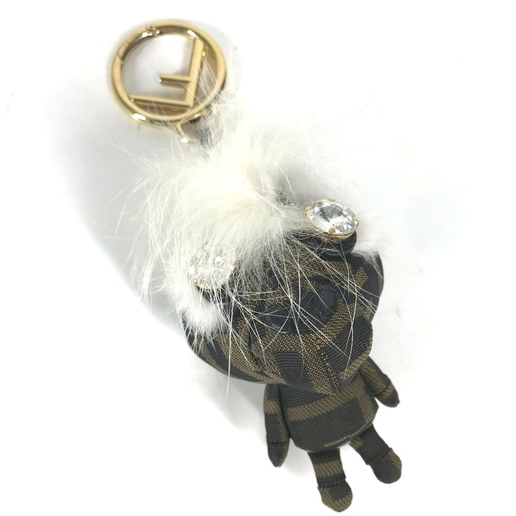 FENDI Fur Rhinestone Zucca Logo Monster Space Monkey Keychain Bag Charm Canvas Brown