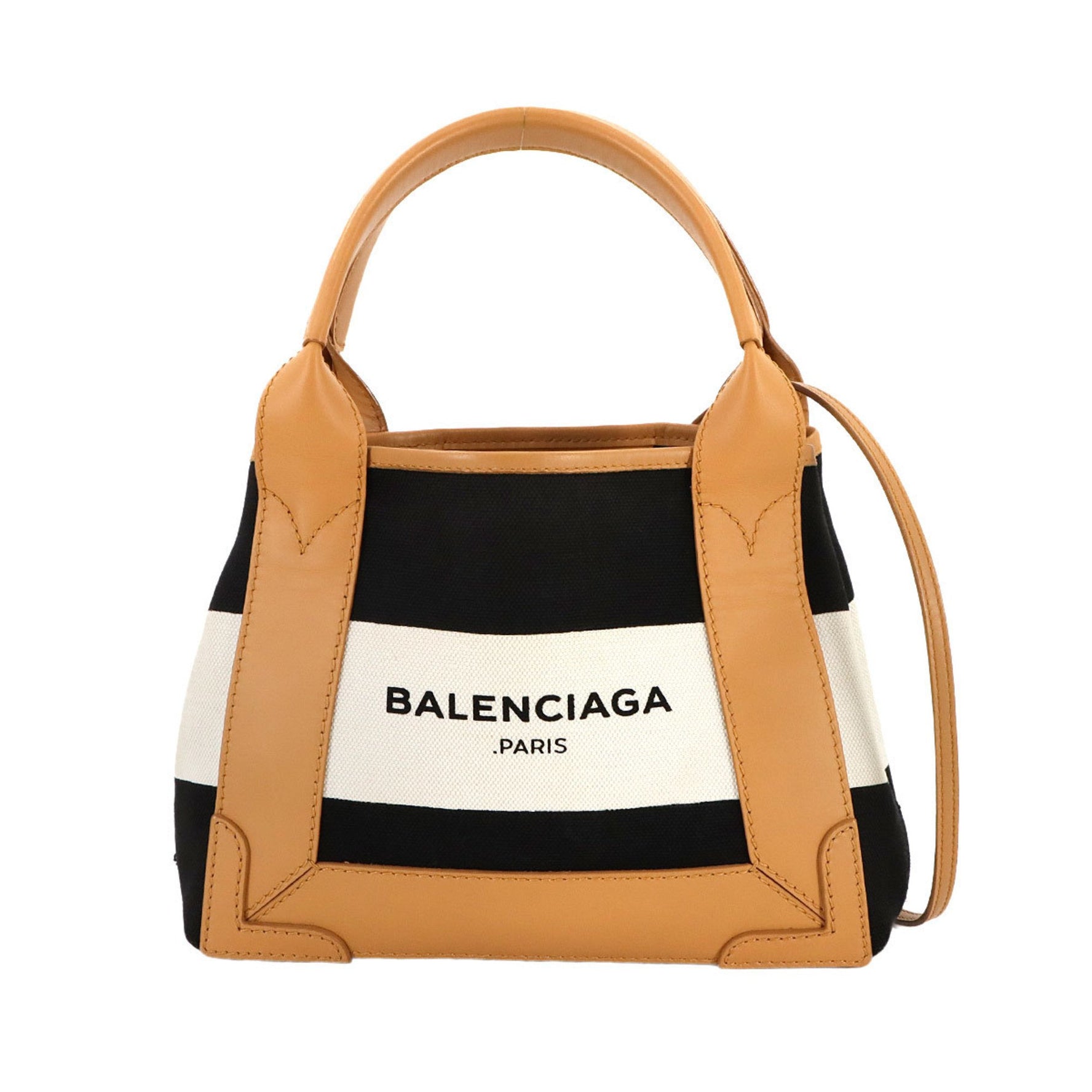 Balenciaga Navy Cabas XS tote/shoulder bag in leather, canvas, black, white, and beige with silver hardware (product number