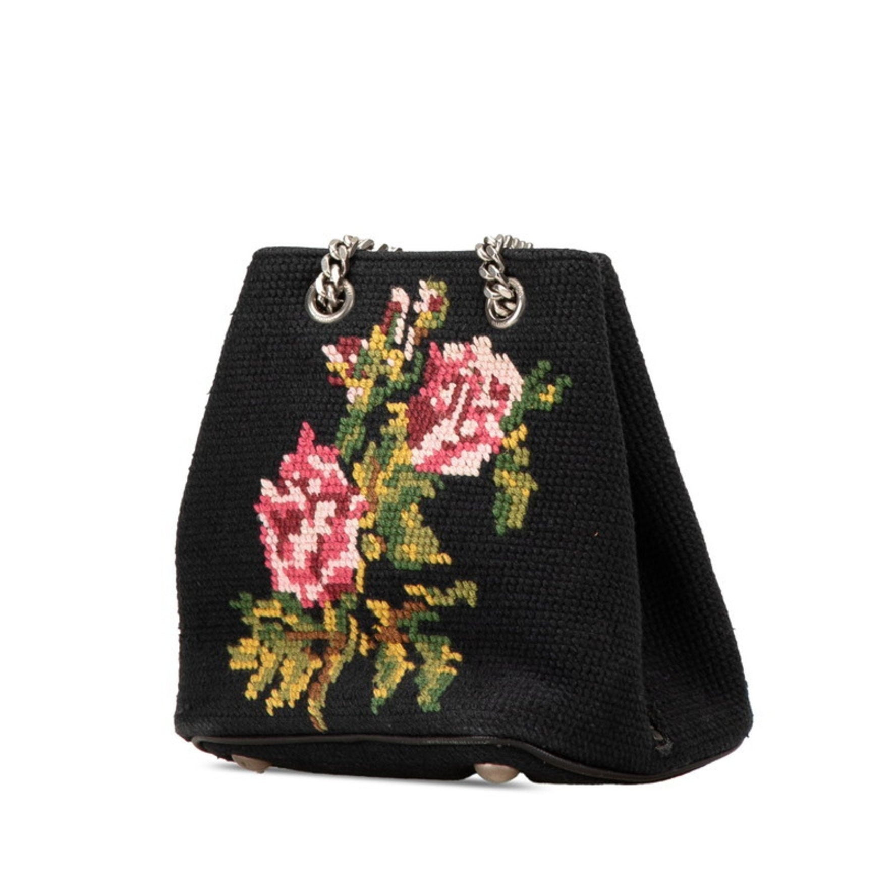 Saint Laurent Flower Motif Chain Shoulder Bag Black Multicolor Canvas Women's SAINT LAURENT
