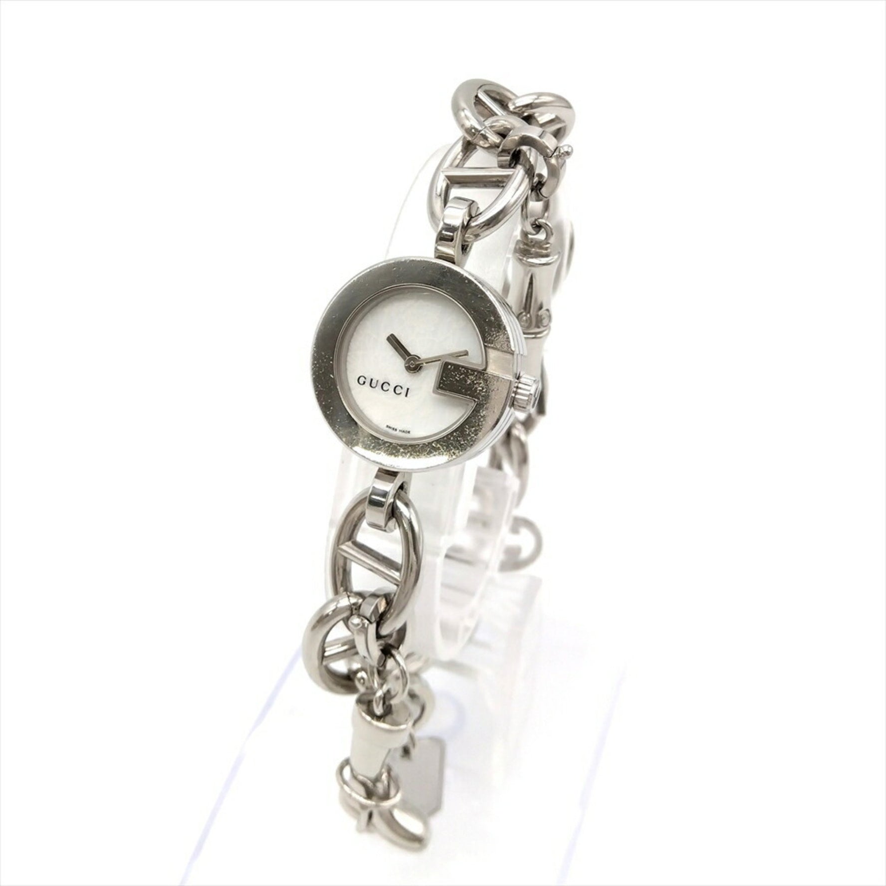 Gucci 107 G Charm Watch White Shell Dial Chain Working Women's