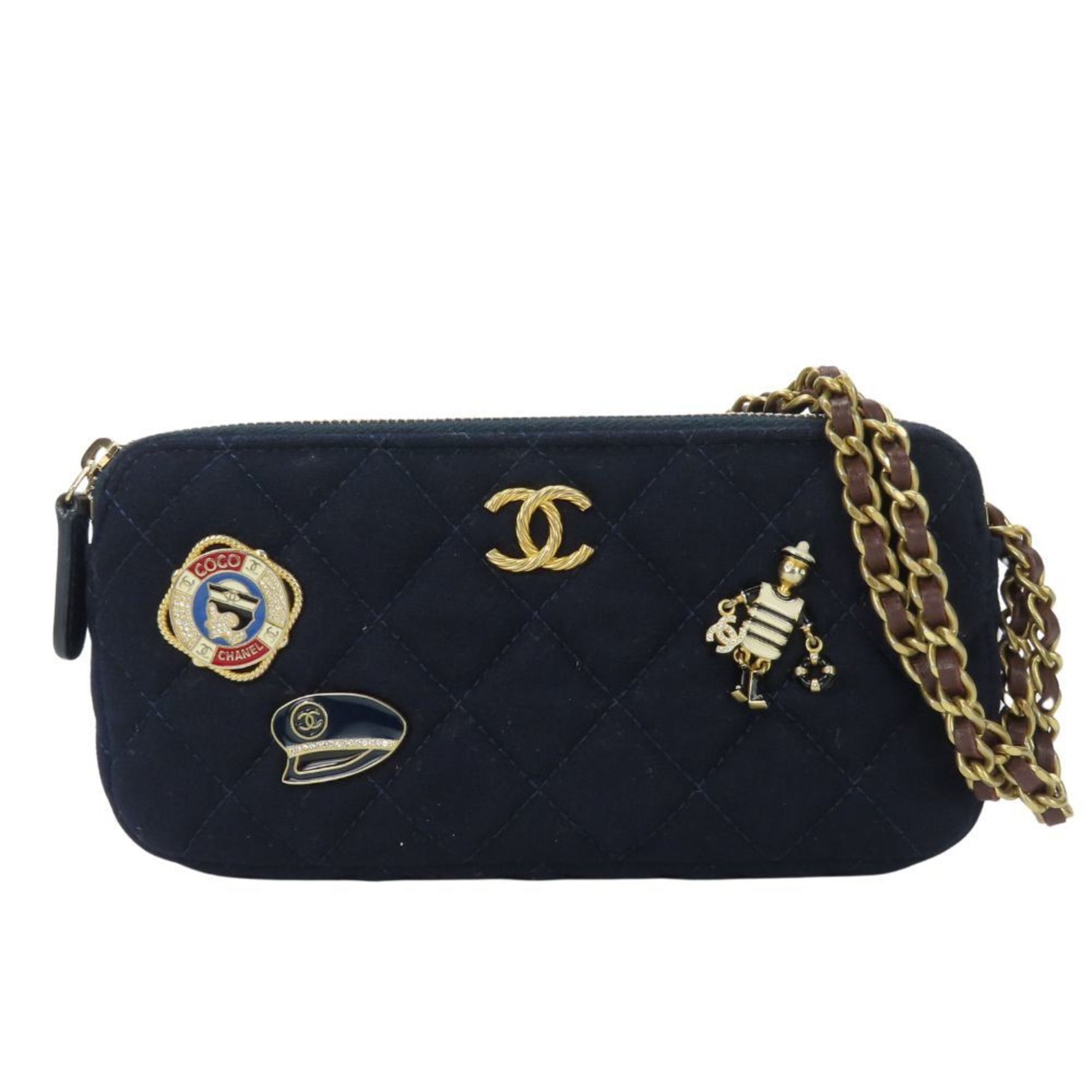 Chanel Shoulder Bag Marine Cotton Leather Pochette Chain