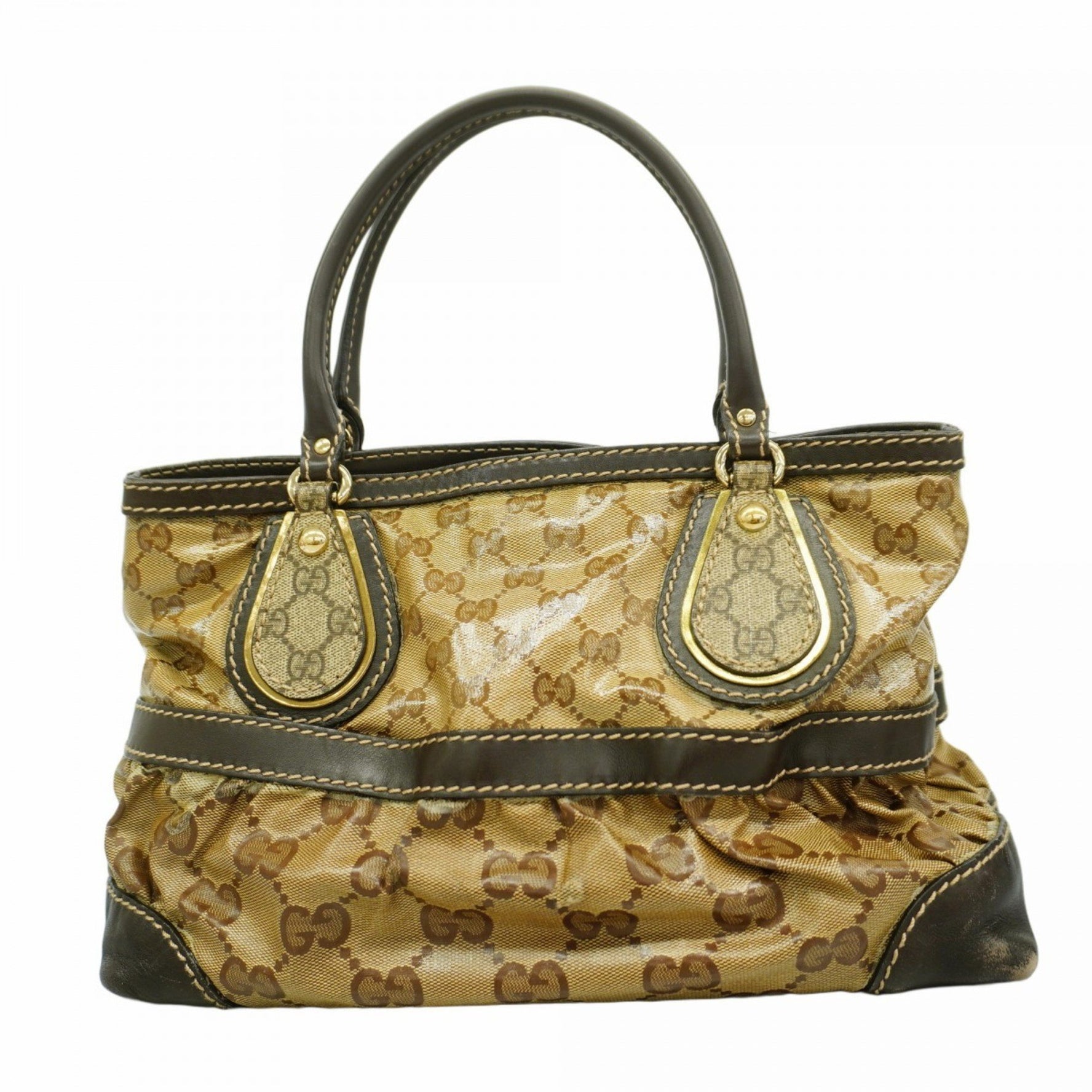 Gucci GG Crystal Handbag Coated Canvas Beige Brown Champagne Women's