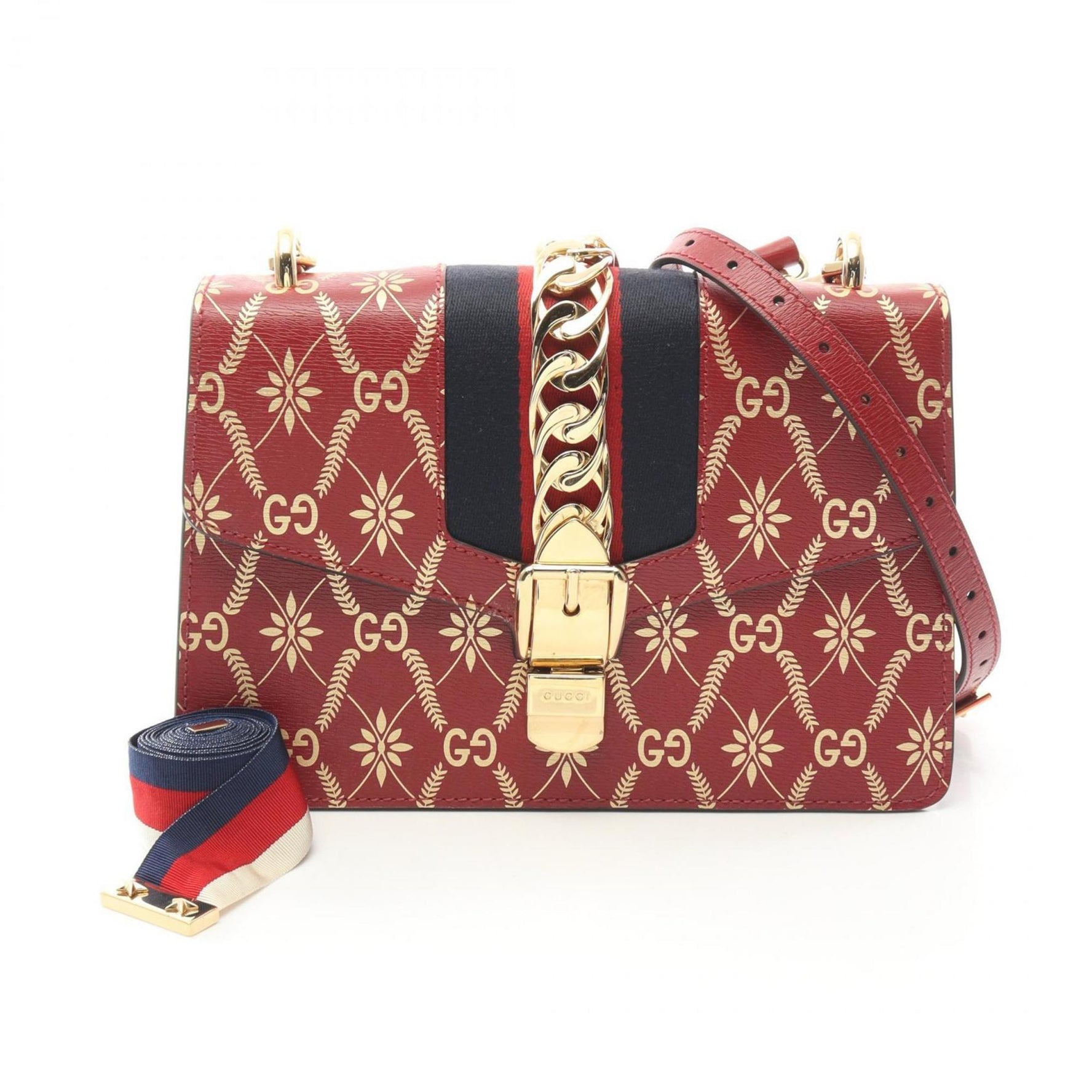 GUCCI Sylvie Sherry Line GG Pattern Shoulder Bag Leather Red Multicolor