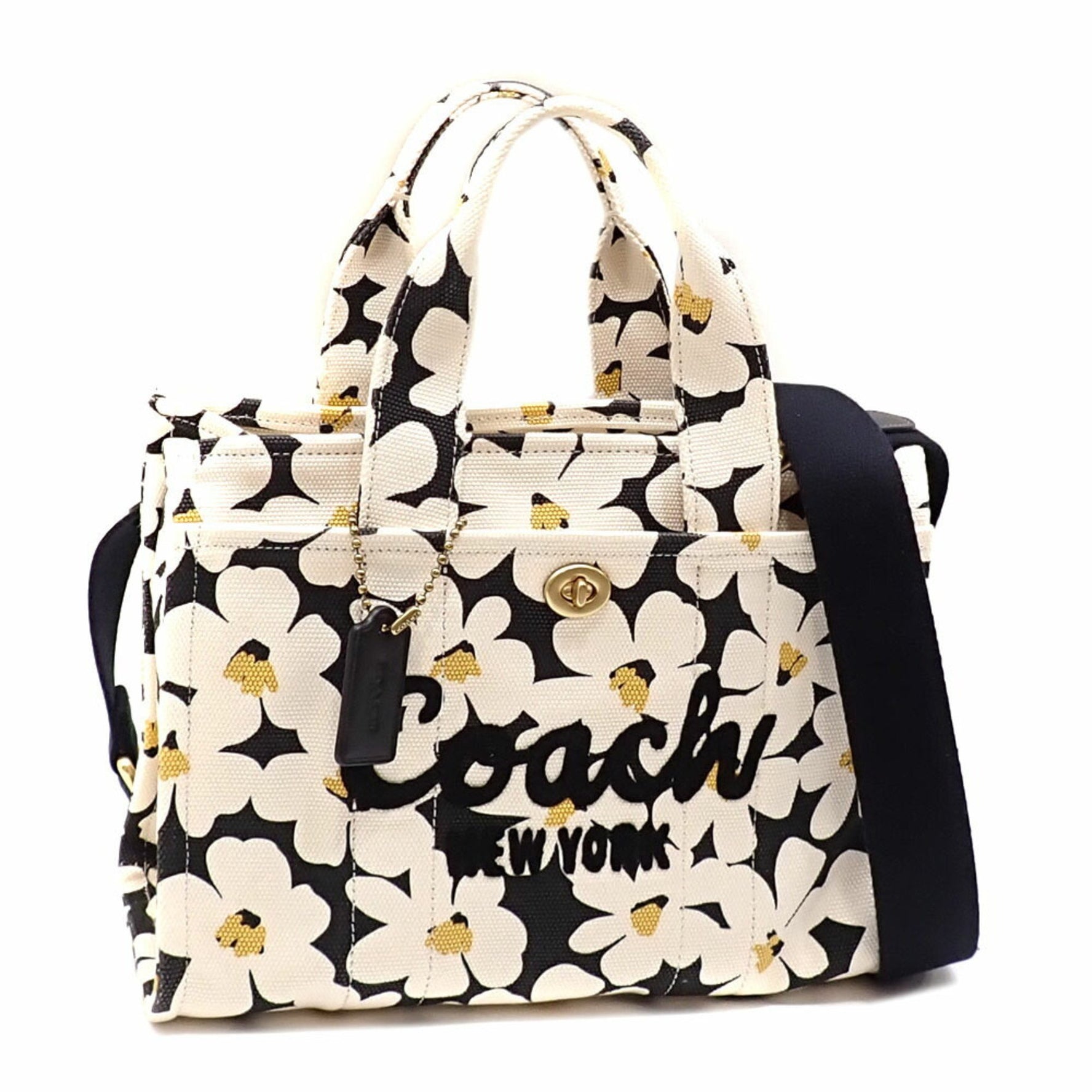 Coach Cargo Tote Bag, Size 26, Floral Print, Ivory, Black, Yellow, Canvas, Recycled Leather