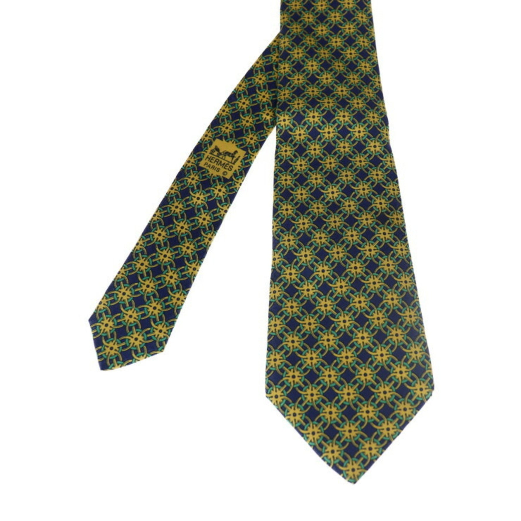 HERMES Hermès Tie 801 MA Silk Necktie Navy Yellow Green