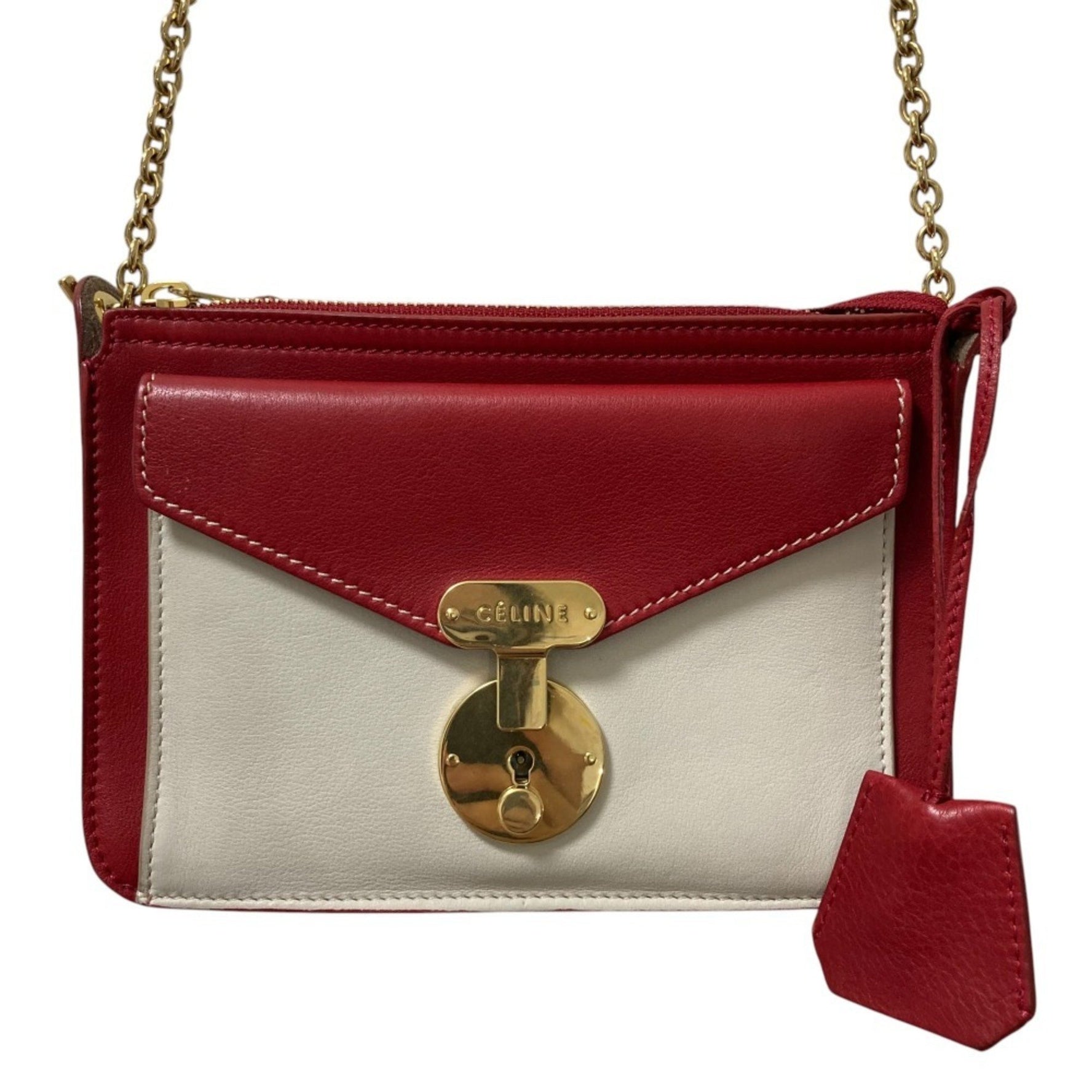CELINE Two-tone Leather Chain Shoulder Bag in Red and White