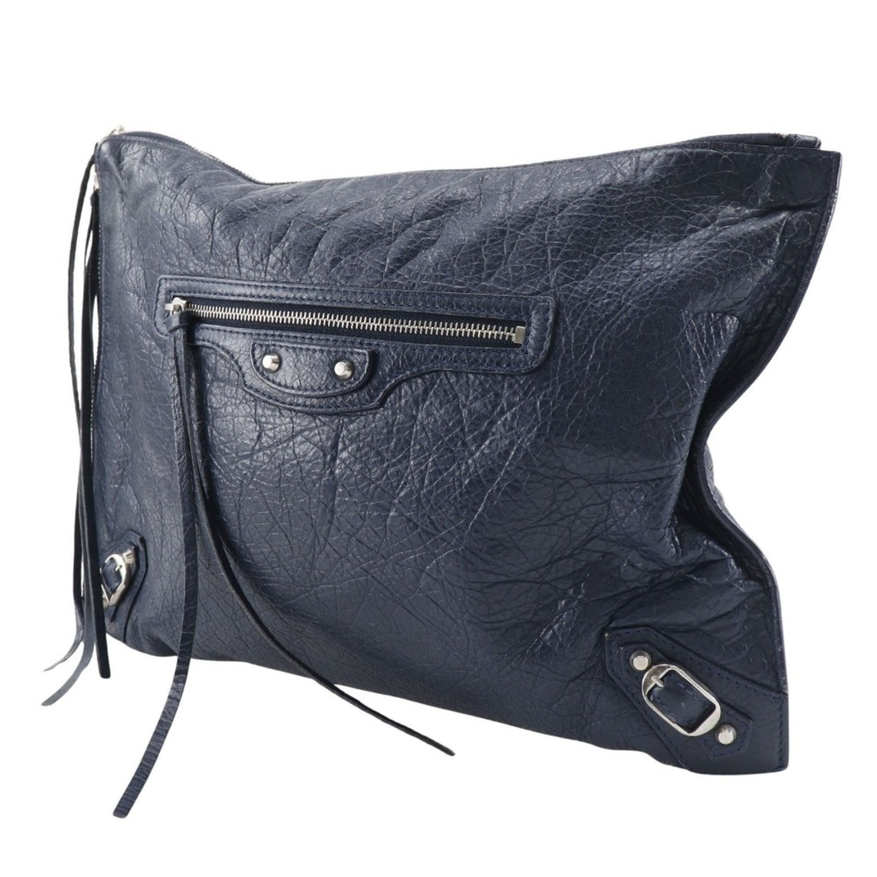 BALENCIAGA Clutch Bag Leather Navy A5 Double Unisex