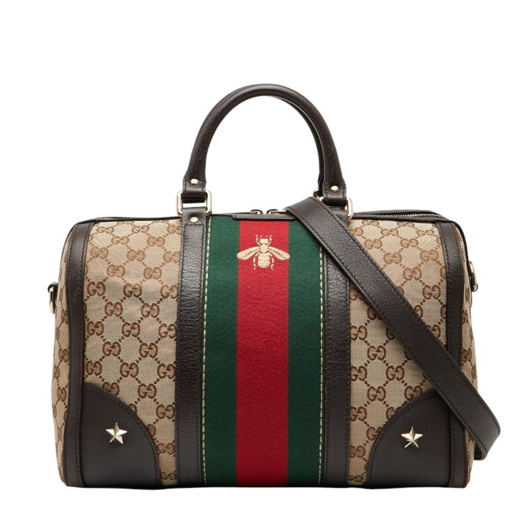Gucci GG Canvas Webby Handbag, Mini Boston Bag, Shoulder Beige/Brown and Leather