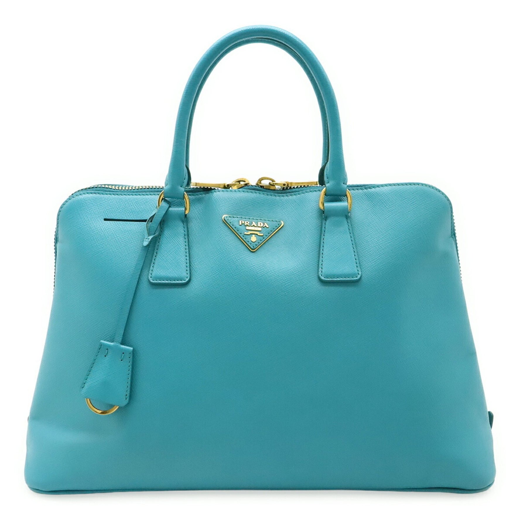 PRADA Prada Triangle Plate Handbag Tote Bag Saffiano Leather Turquoise Blue