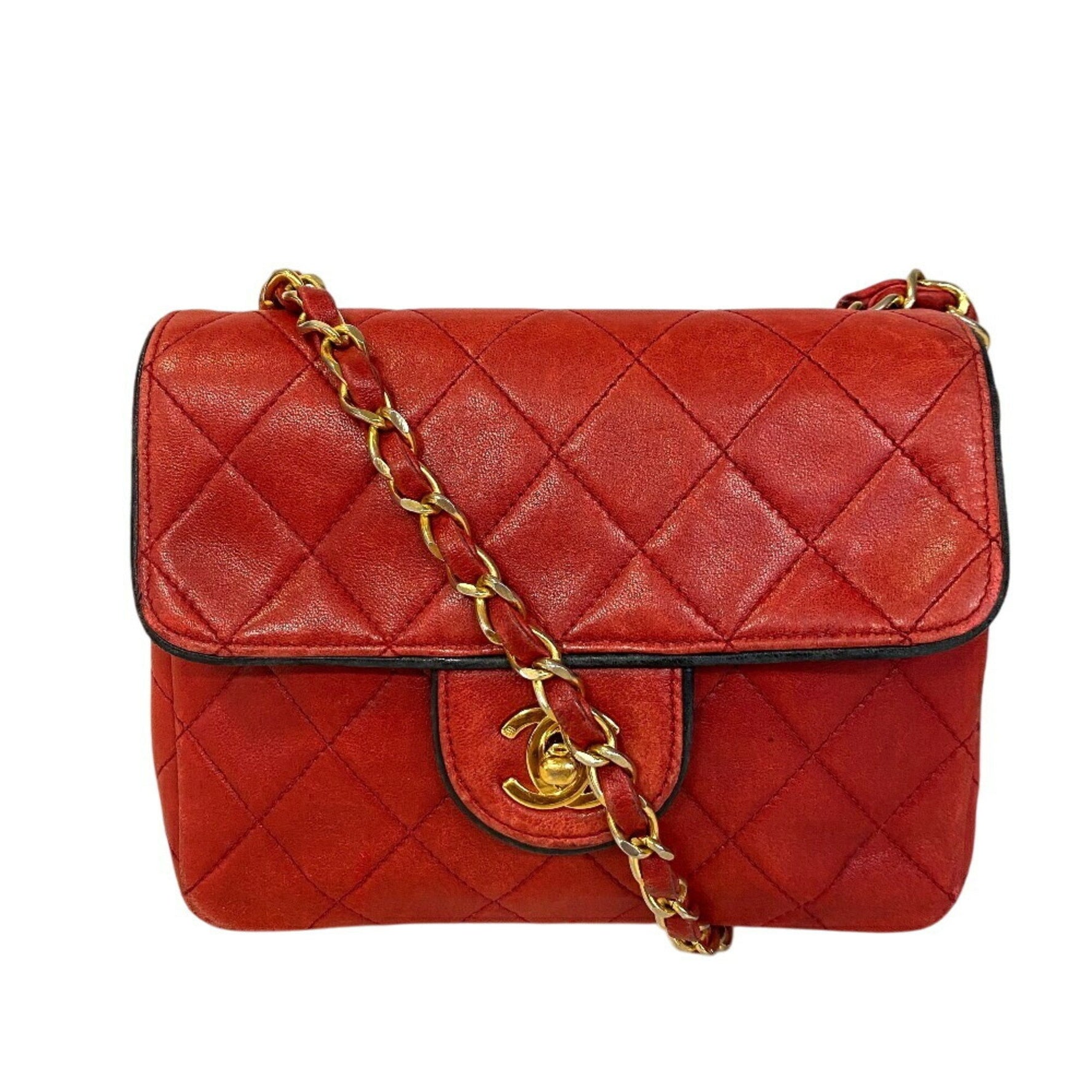 CHANEL Mini Matelasse Chain Shoulder Bag Lambskin Red