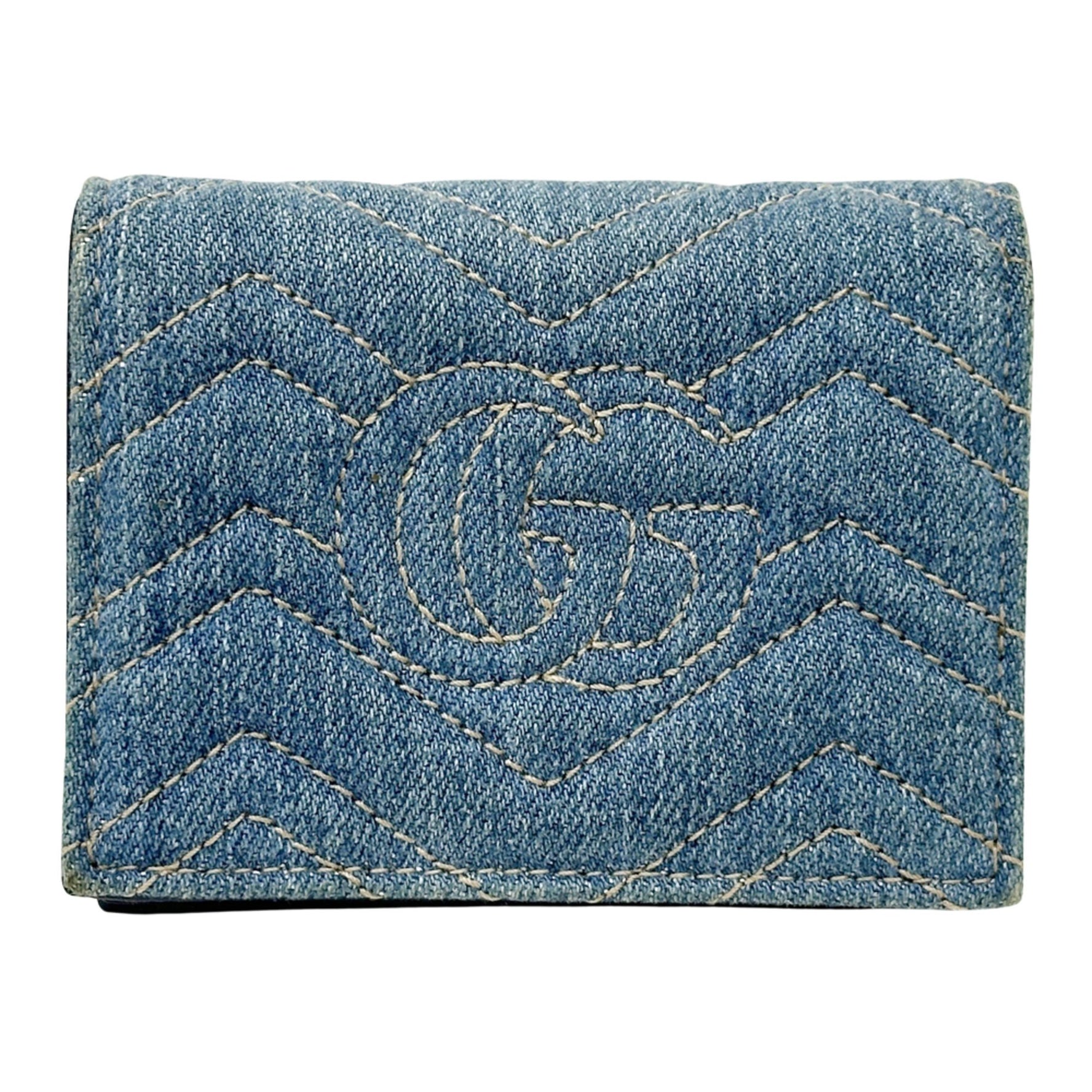 Gucci GG Marmont Bifold Denim Compact Wallet with Quilted Faux Pearls