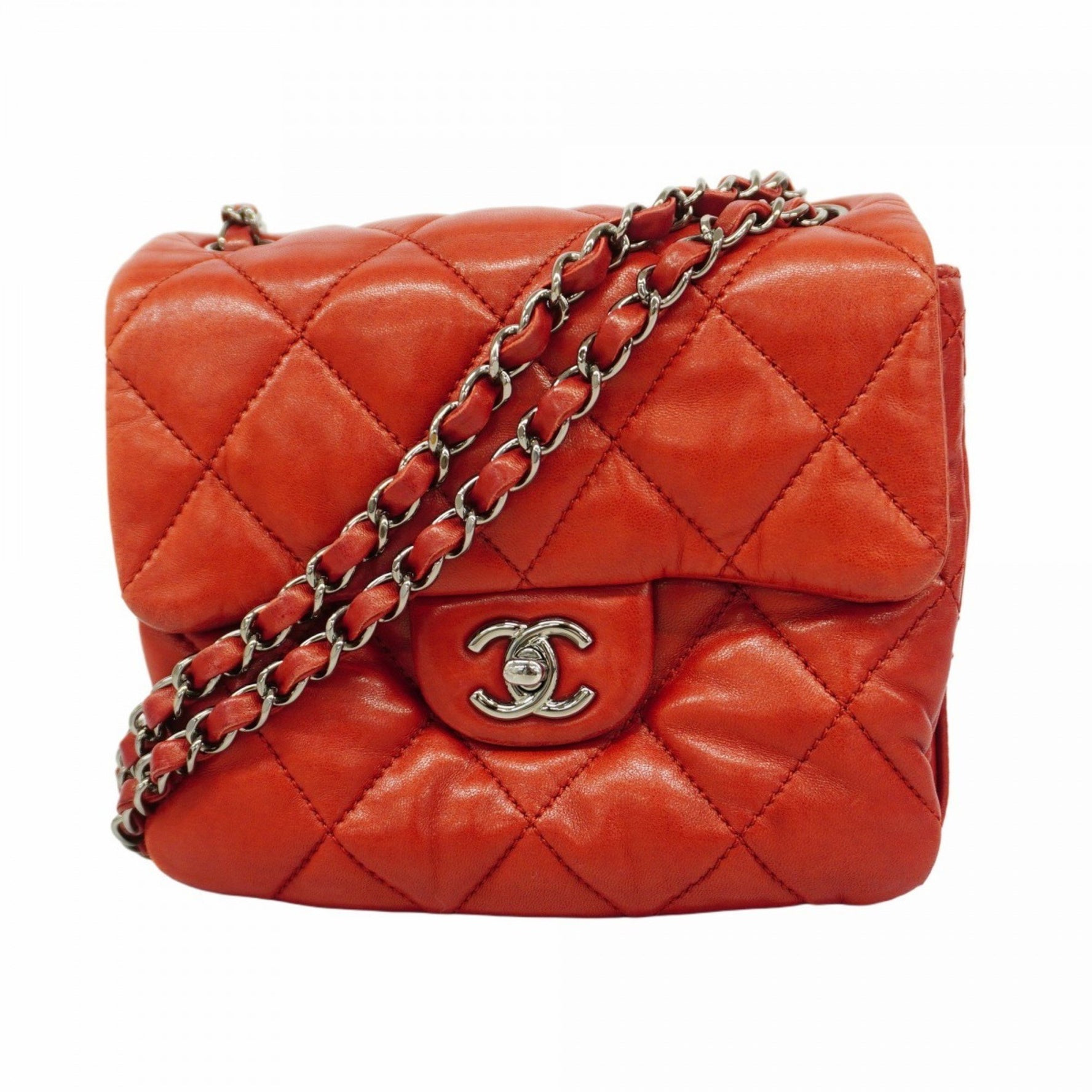 Chanel Shoulder Bag Matelasse W Chain Lambskin Red