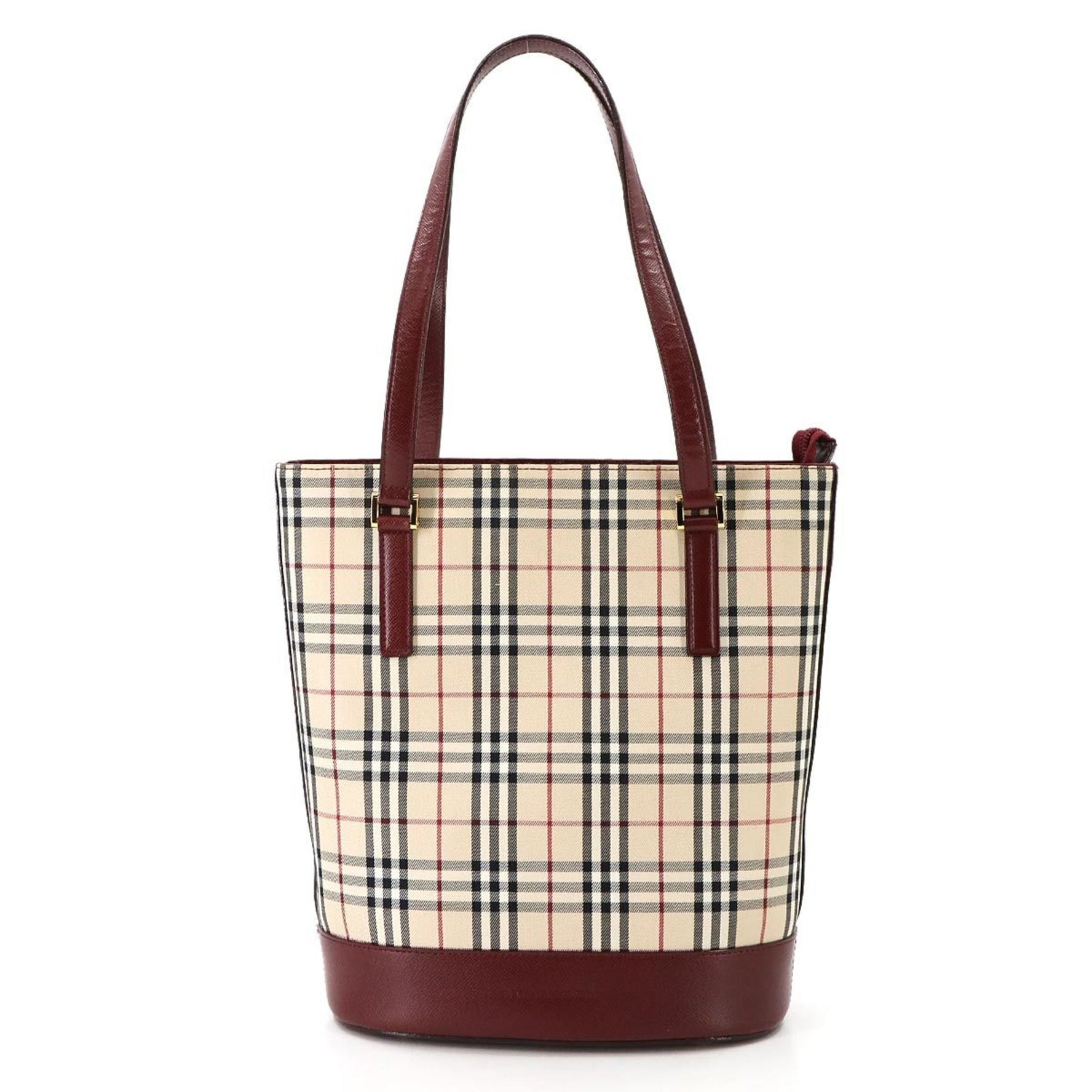 Burberry Nova Check Tote Bag Canvas Leather Beige Bordeaux Gold Hardware