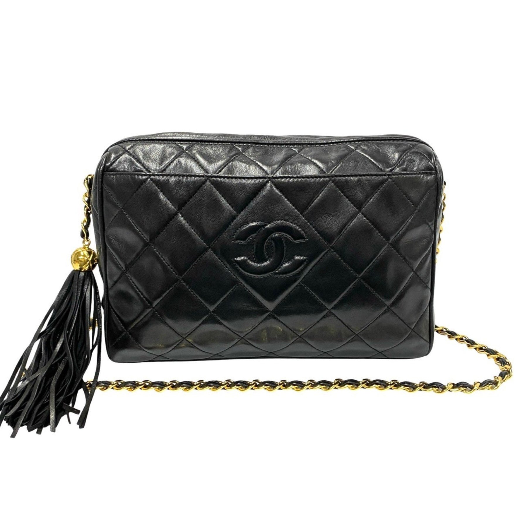 CHANEL Matelasse Coco Mark Lambskin Leather Tassel Chain Shoulder Bag