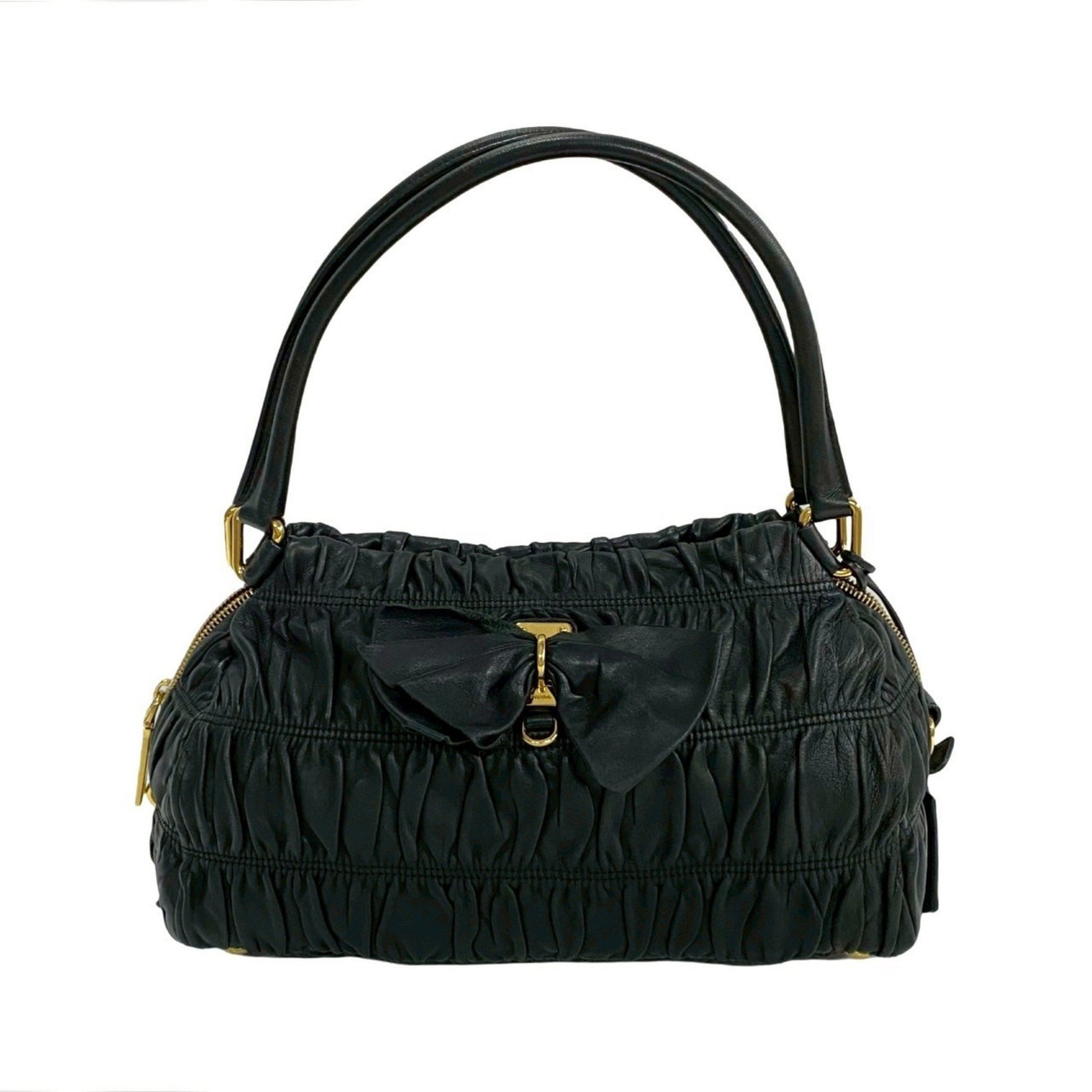 PRADA logo hardware ribbon motif leather gathered handbag/semi-shoulder bag