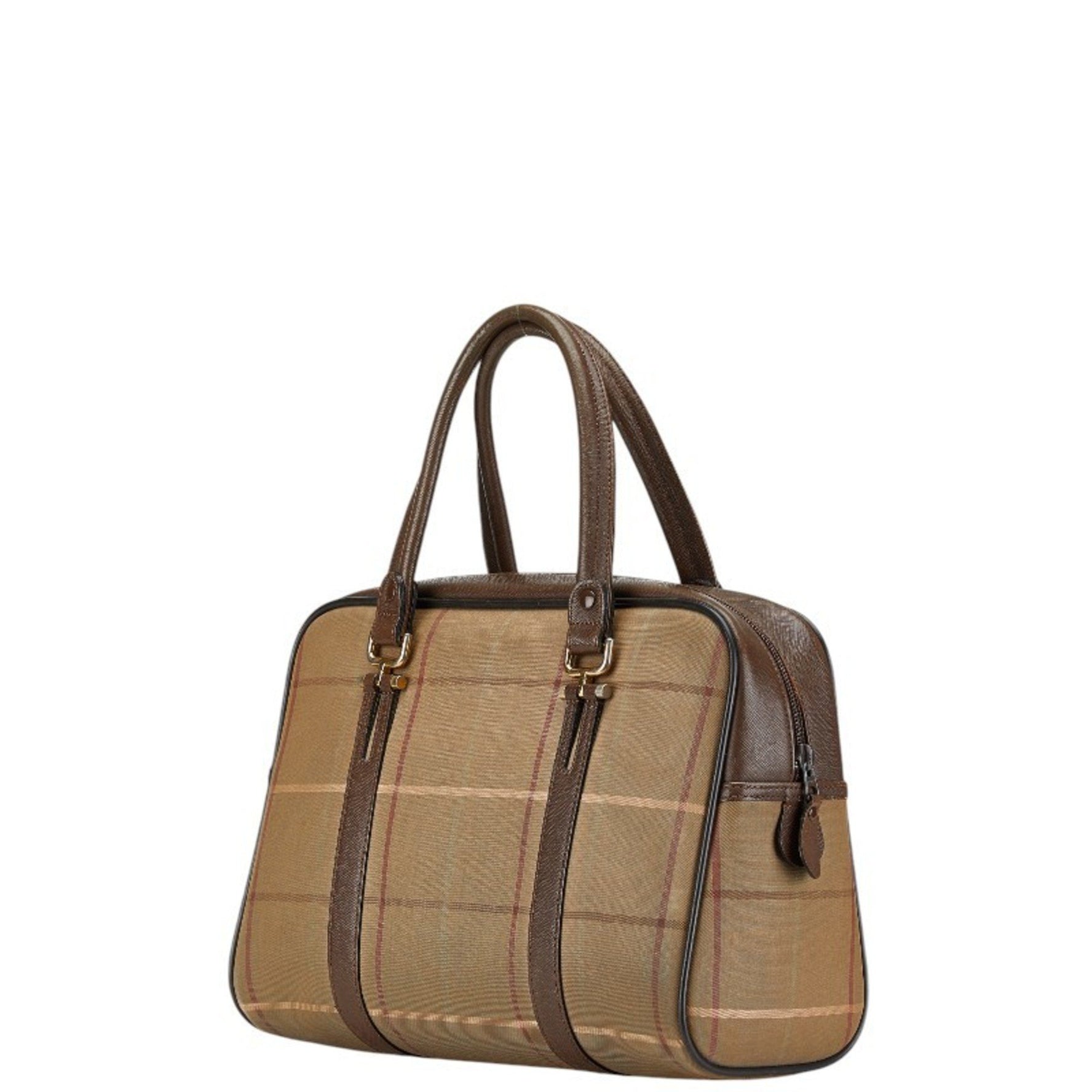 Burberry Check Shadow Horse Handbag Mini Boston Bag Khaki Brown Canvas Leather