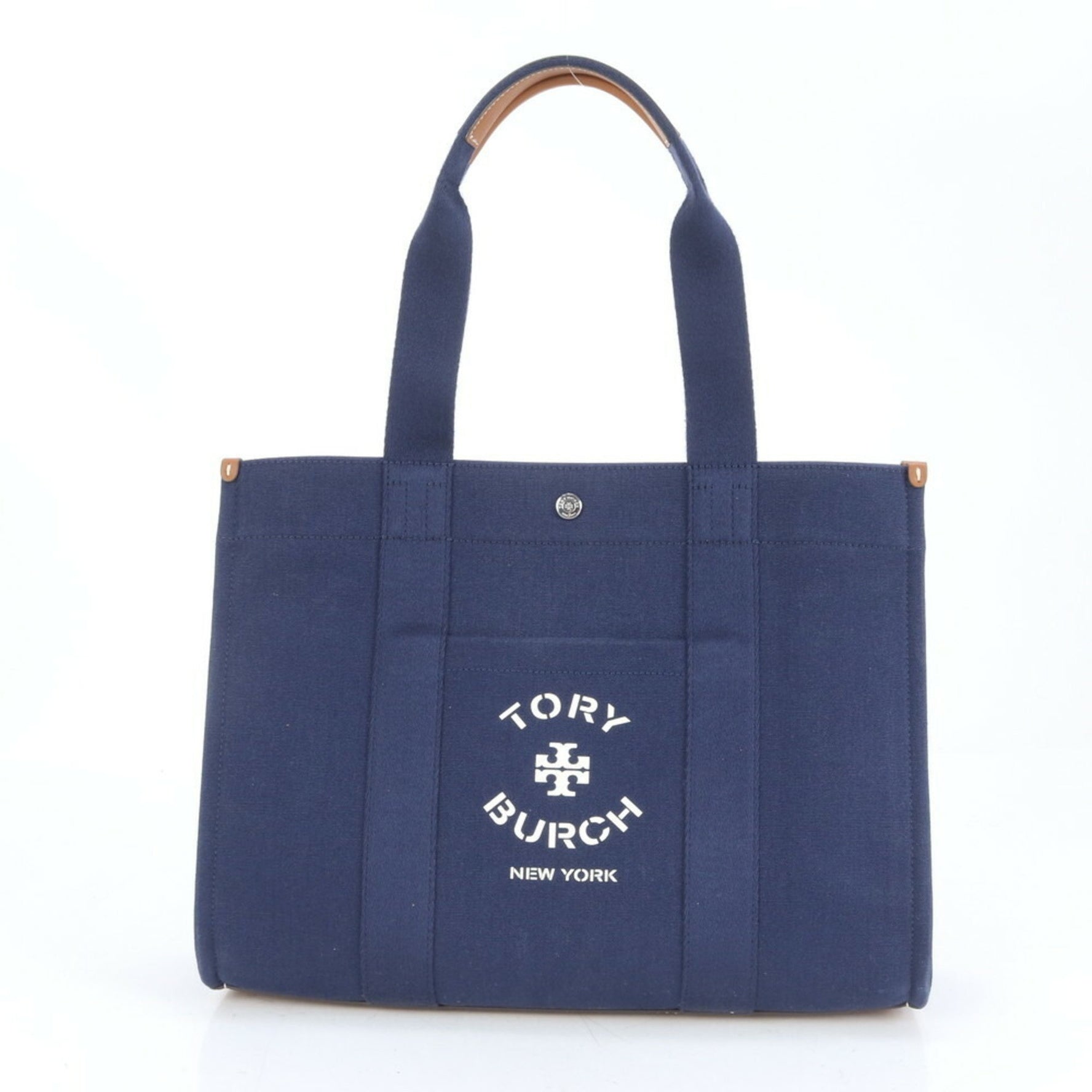 Tory Burch Small Tote Bag Leather Canvas Shoulder Handbag Navy Women's