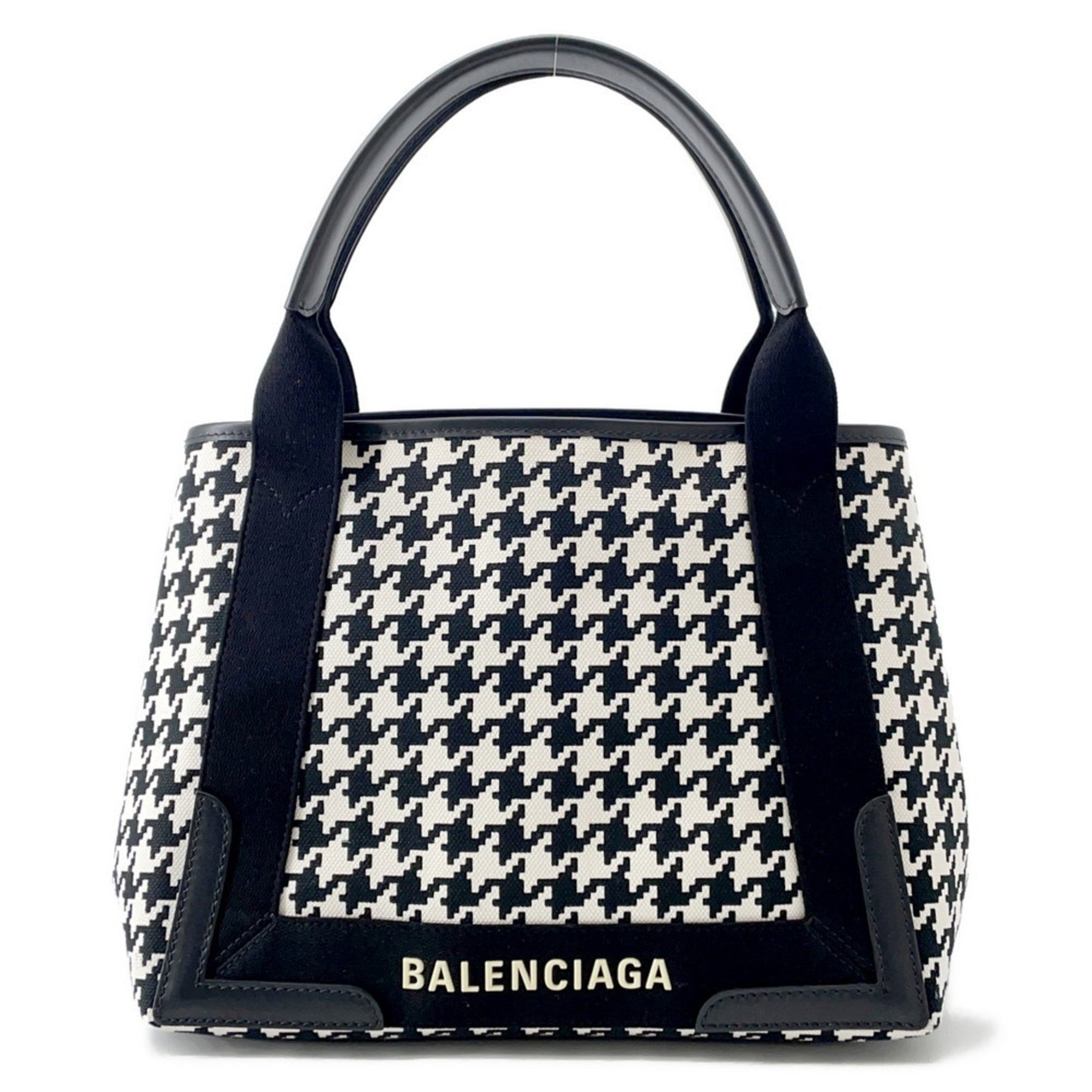 Balenciaga Navy Cabas Small Tote Bag with Houndstooth Pattern, 339933, Black and White