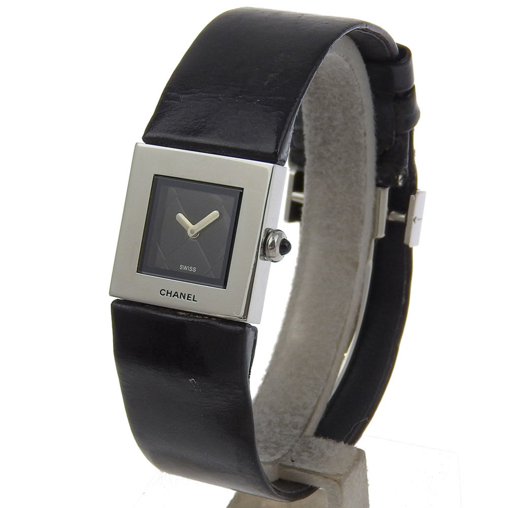 CHANEL Matelasse Watch Stainless Steel Embossed Leather Quartz Analog Display Black Dial Women's