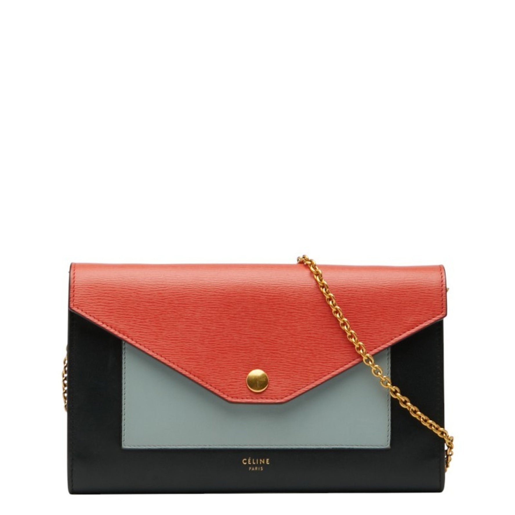 Celine Pocket Tri-Folded Chain Wallet Shoulder Bag in Black, Orange, and Gray Leather .