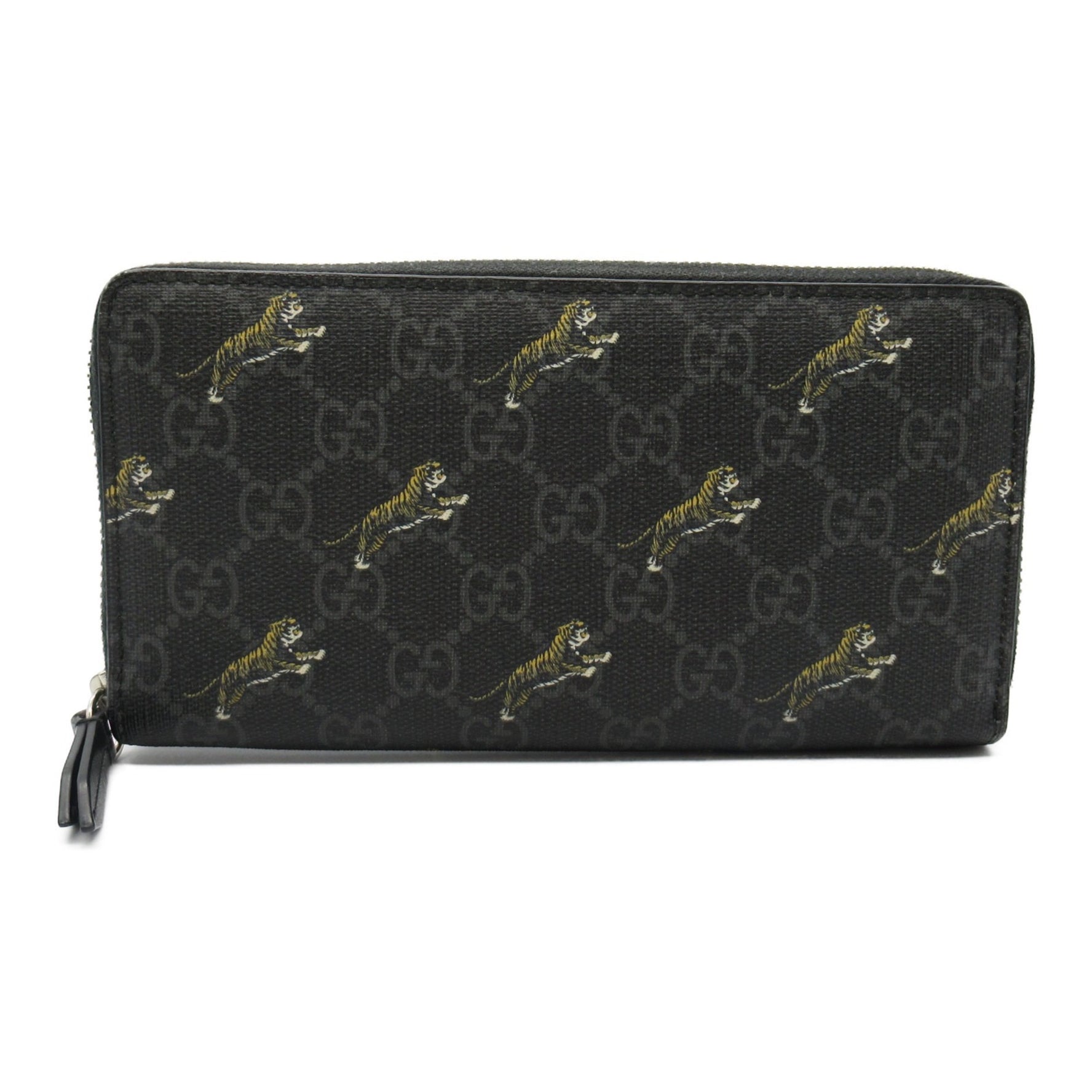 GUCCI Round Long Wallet GG Supreme Tiger Leather Men's Black