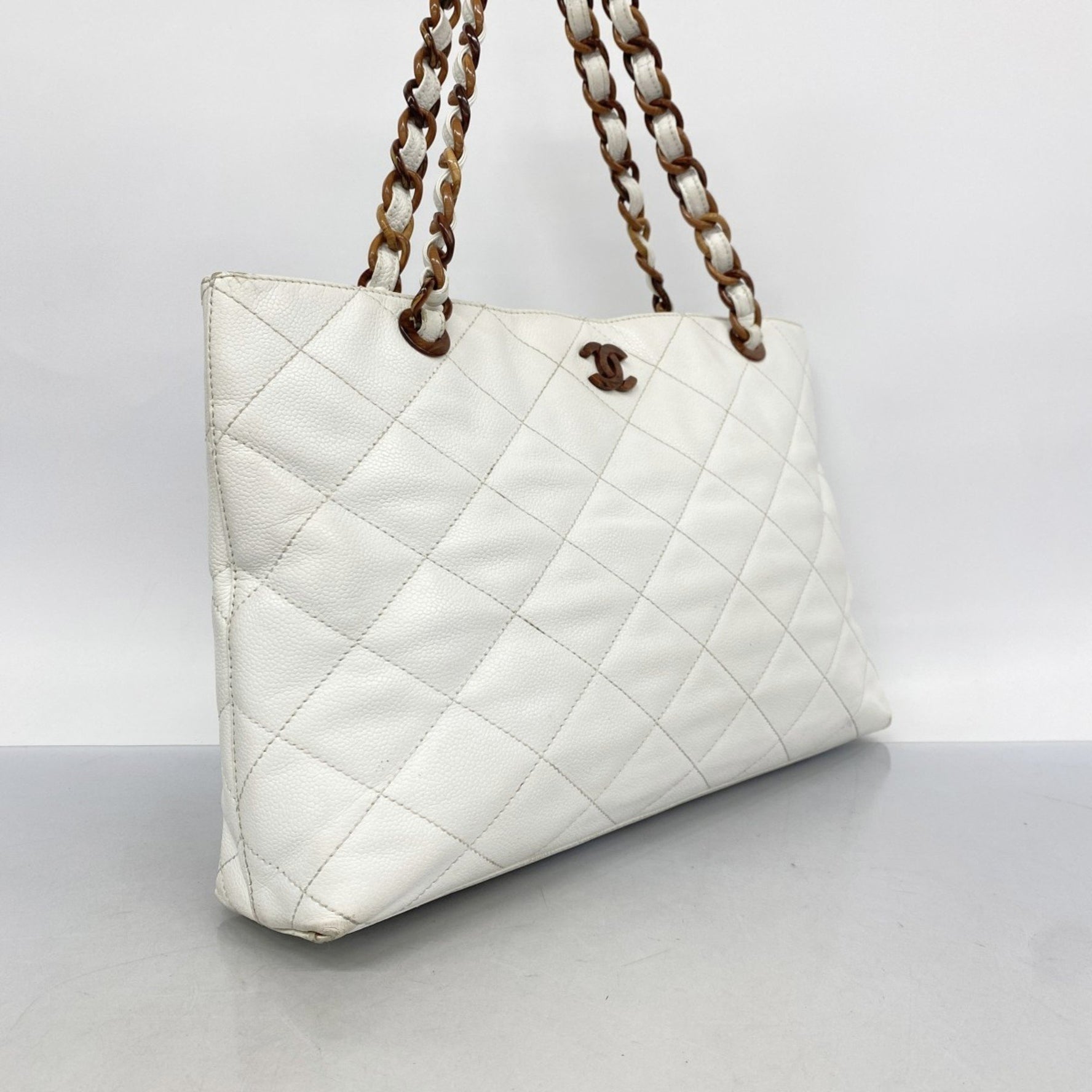 Chanel Matelasse Tote Bag with Chain Shoulder Bag, Caviar Skin, White, Women's