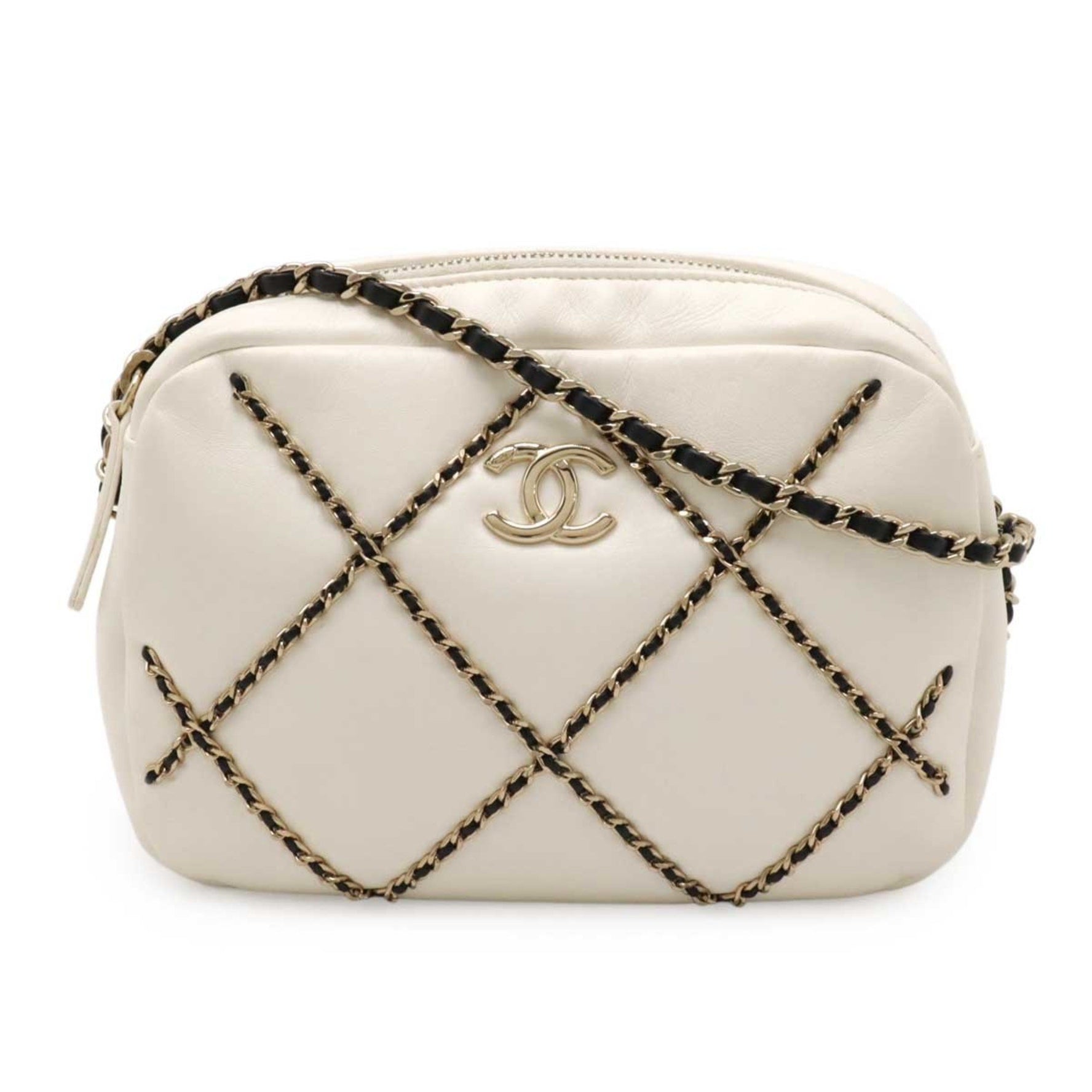 CHANEL Coco Mark Chain Stitch Camera Bag Shoulder Pochette Lambskin Ivory Black
