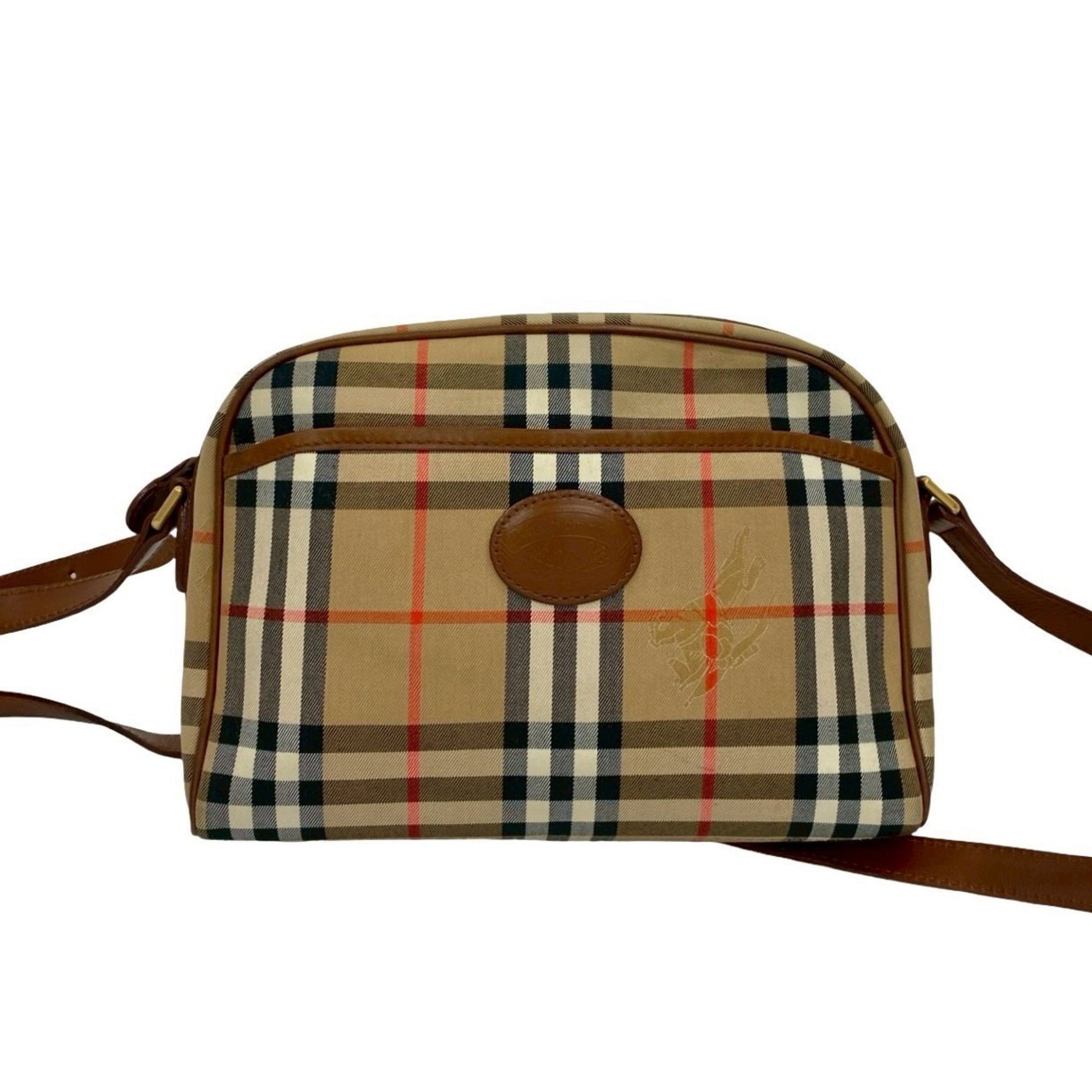 Burberry's Nova Check Shadow Horse Logo Canvas and Leather Shoulder Bag/Pochette in Brown