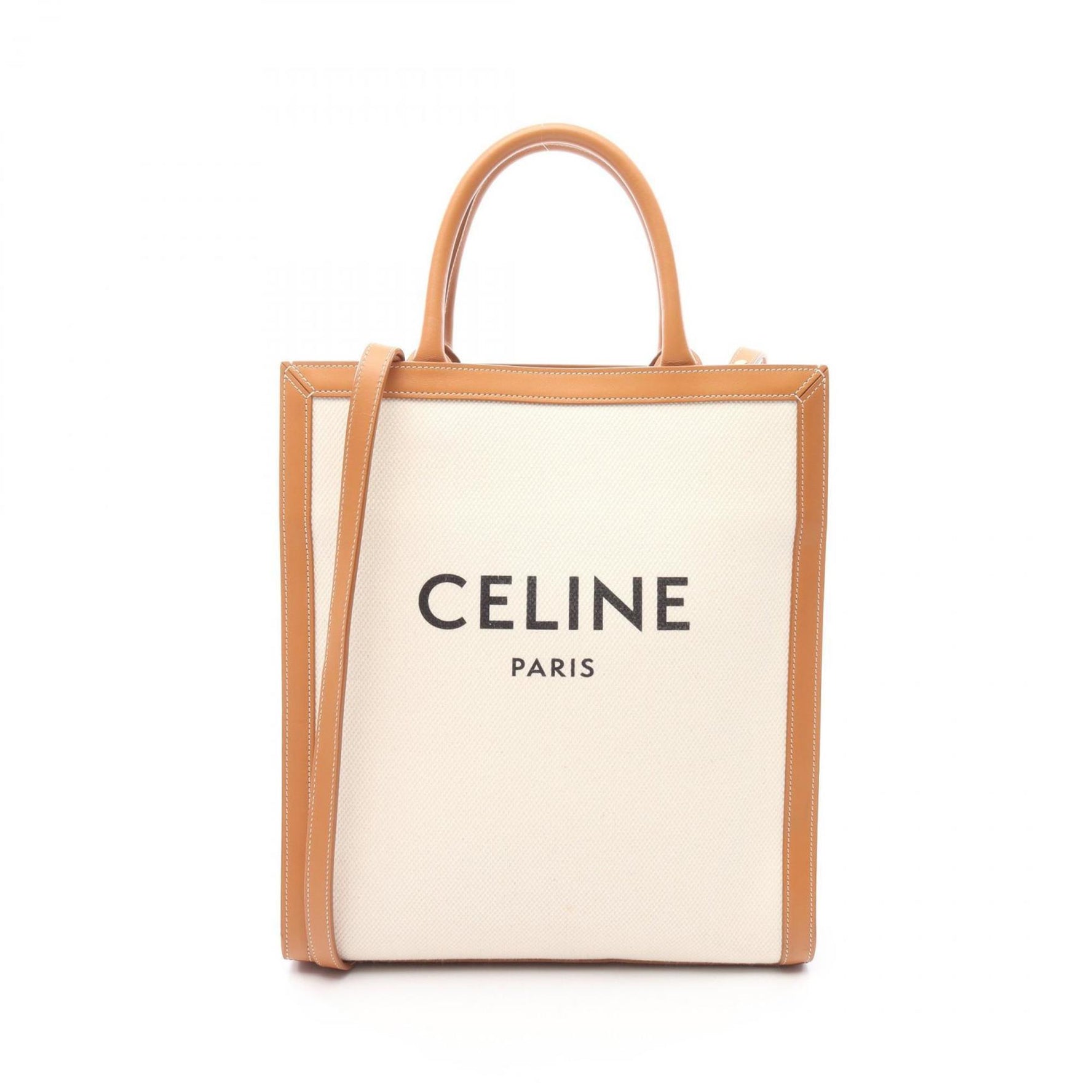 Celine Small Vertical Cabas Tote Bag in Canvas and Leather, White/Brown
