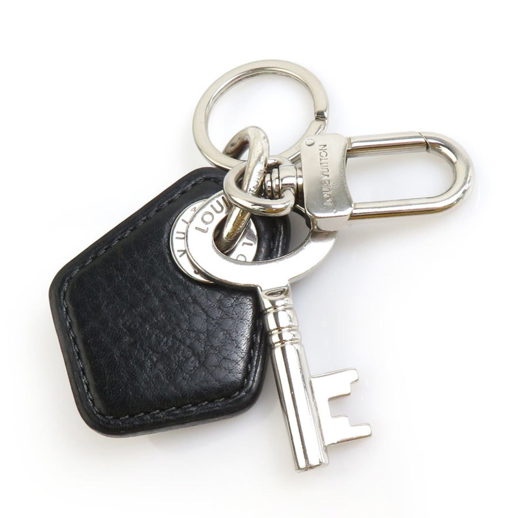 Louis Vuitton LOUIS VUITTON Charm Key Ring Portocle LV Creme Metal Leather Black x Silver Men's Women's M66137 a0562