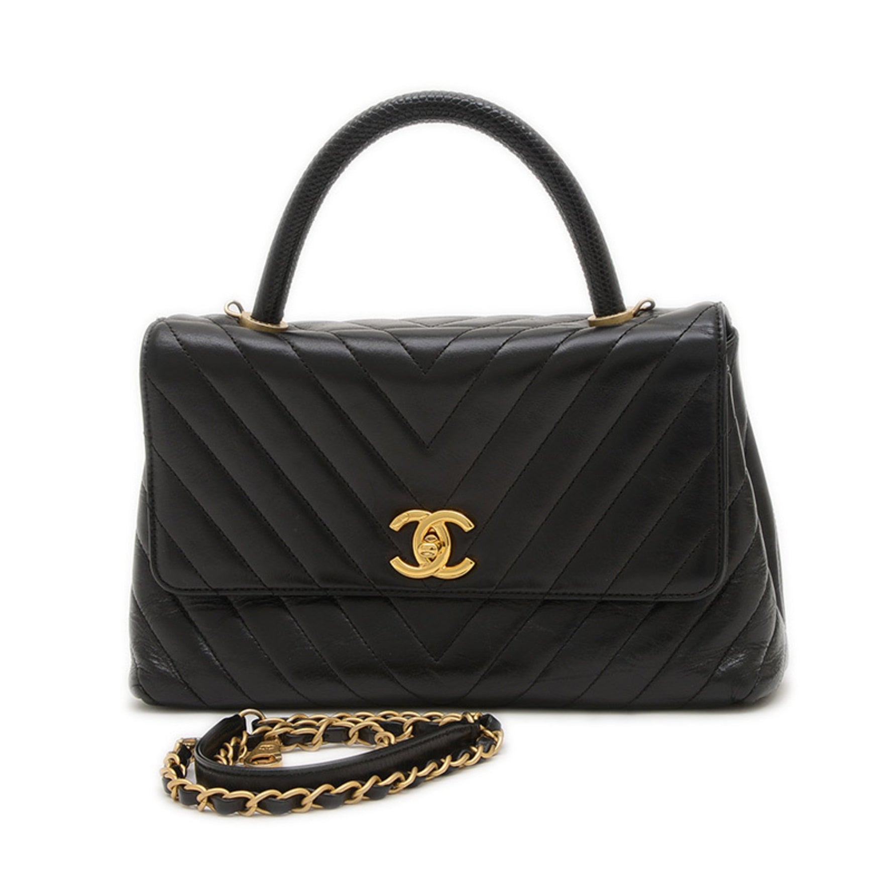 Chanel Chevron Coco Handle Flap 2WAY Bag Shoulder Calfskin Black Gold Hardware