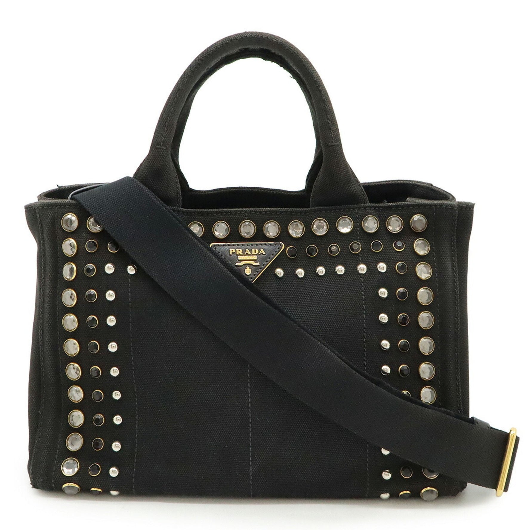 PRADA CANAPA Tote/Shoulder Bag in Black Canvas with Beaded Studs (NERO