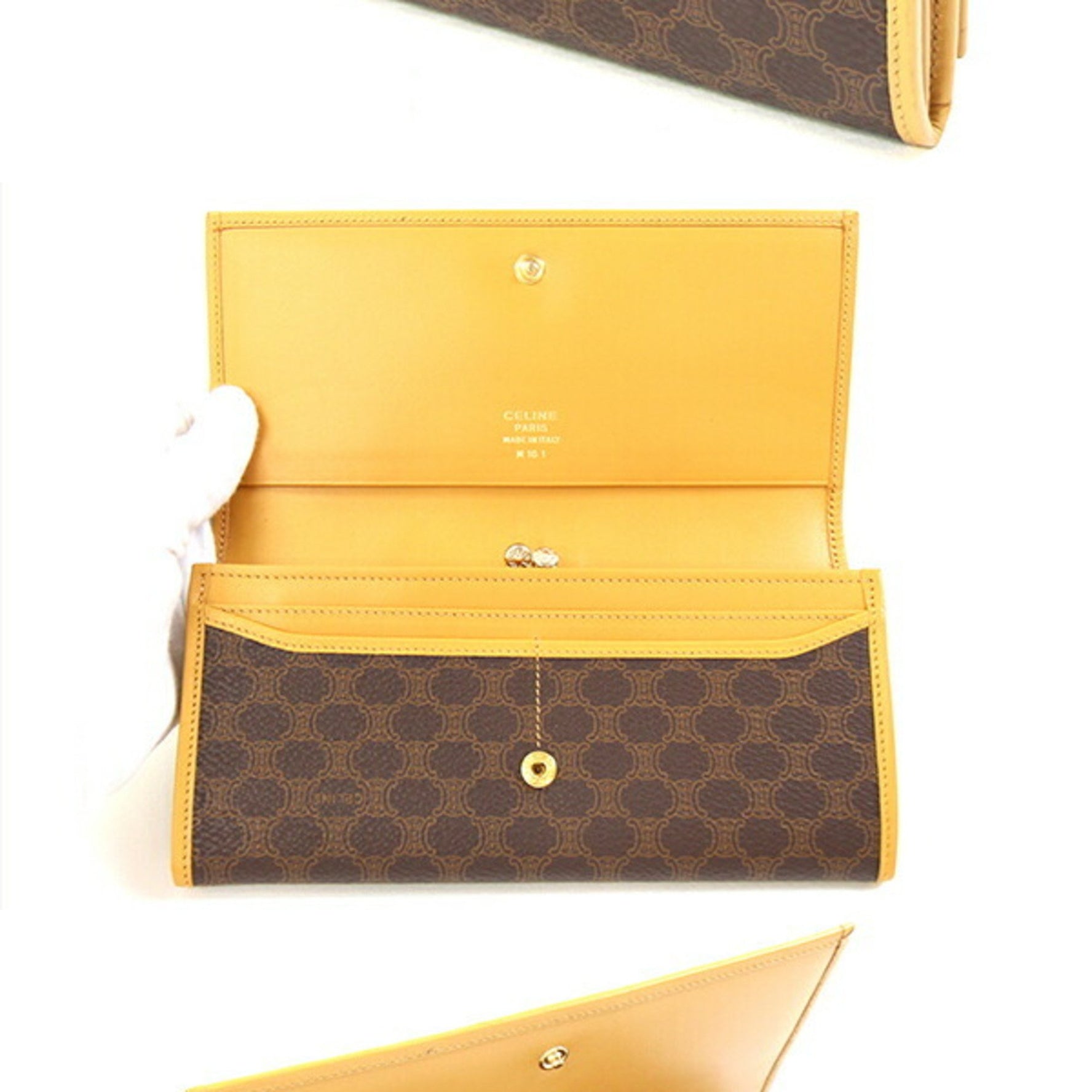 Celine bifold long wallet in macadam, dark brown, beige, PVC, and leather.