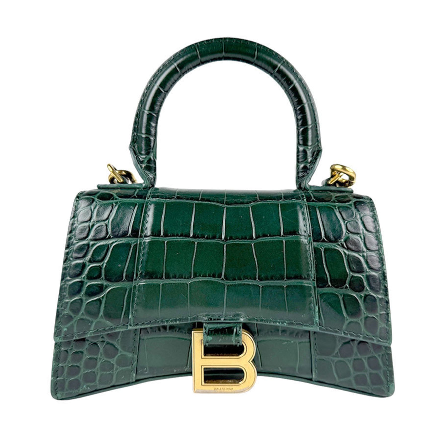BALENCIAGA Handbag Shoulder Bag Hourglass Top Handle Embossed Leather Dark Green Gold Women's z4321