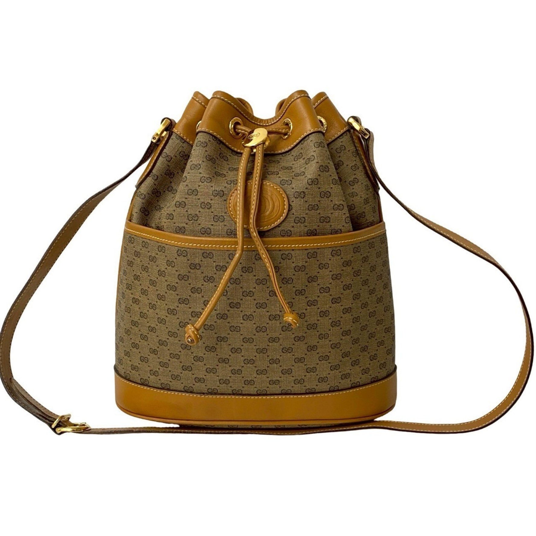 GUCCI Old Gucci Micro GG Logo Hardware Leather Drawstring Shoulder Bag Brown Camel