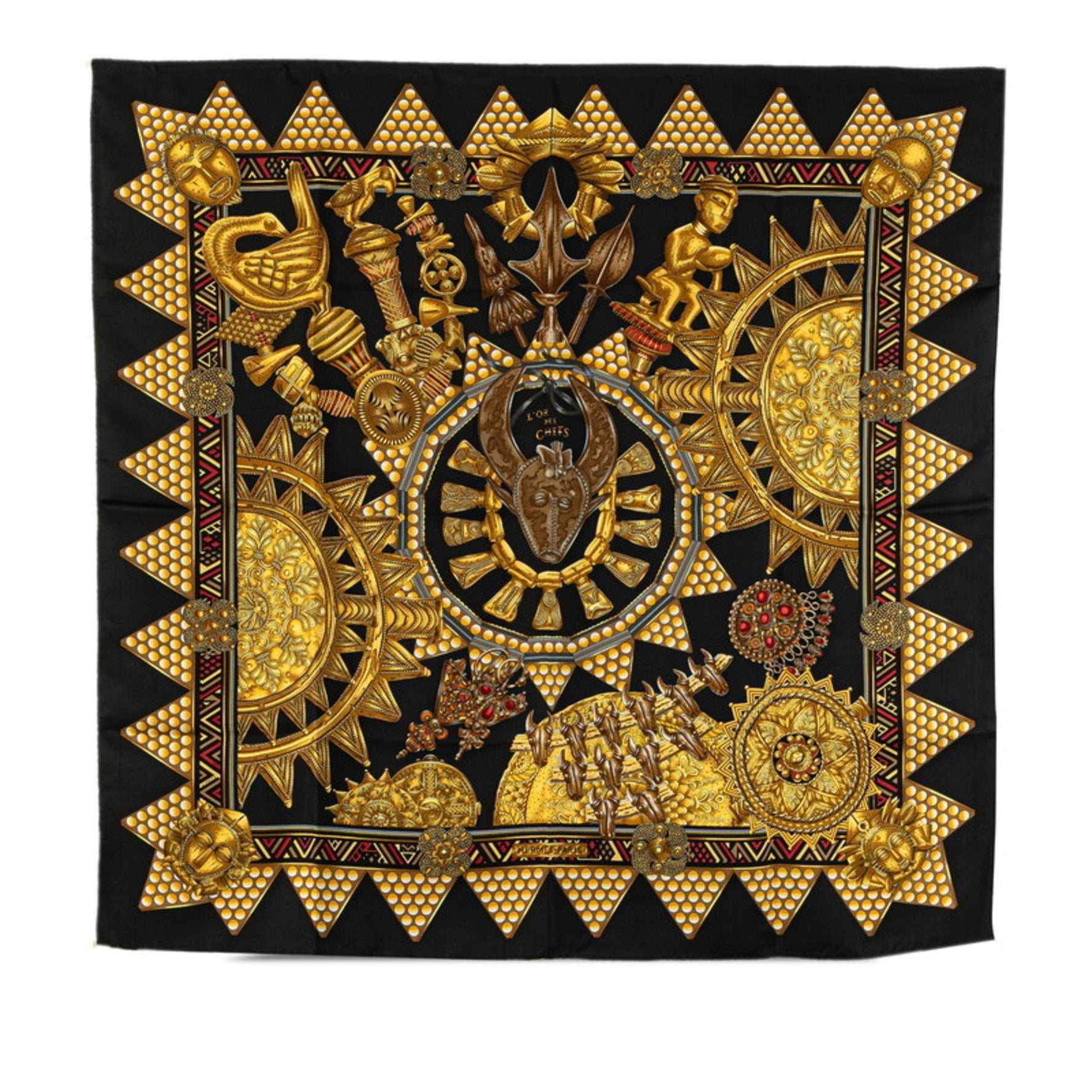 Hermes Hermès Carré 90 "L'OR DES CHEFS" (The Chiefs' Gold) Scarf, Black, Gold, and Multicolor Silk