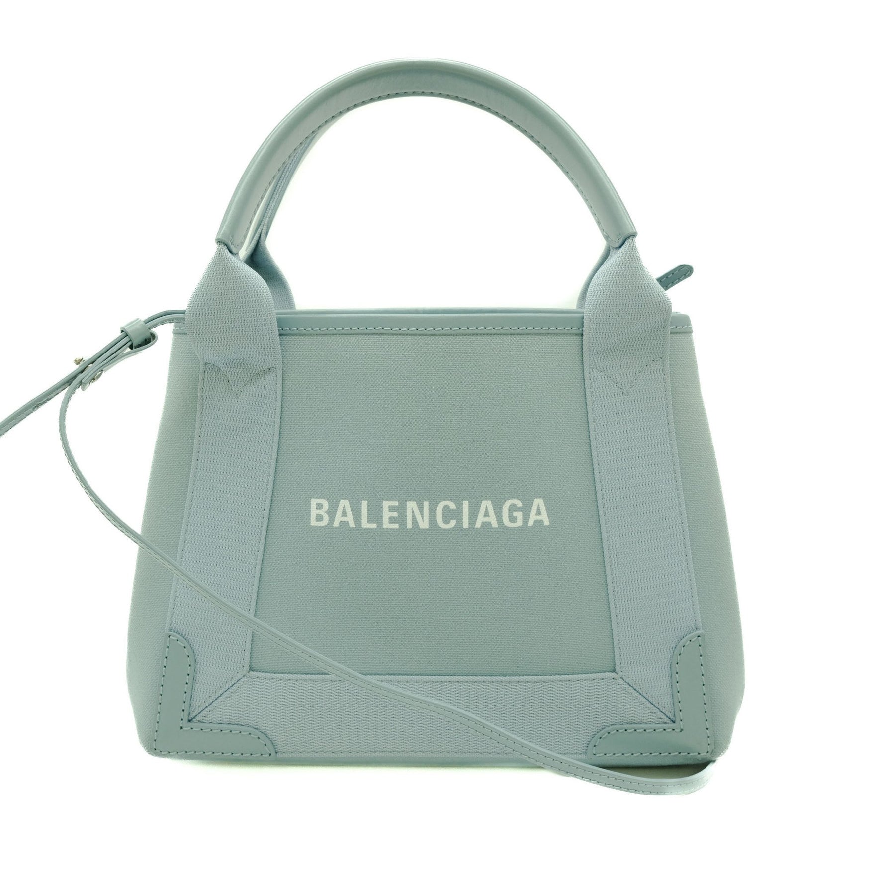 BALENCIAGA Navy Cabas XS Tote Bag Leather Canvas Women's Light Blue