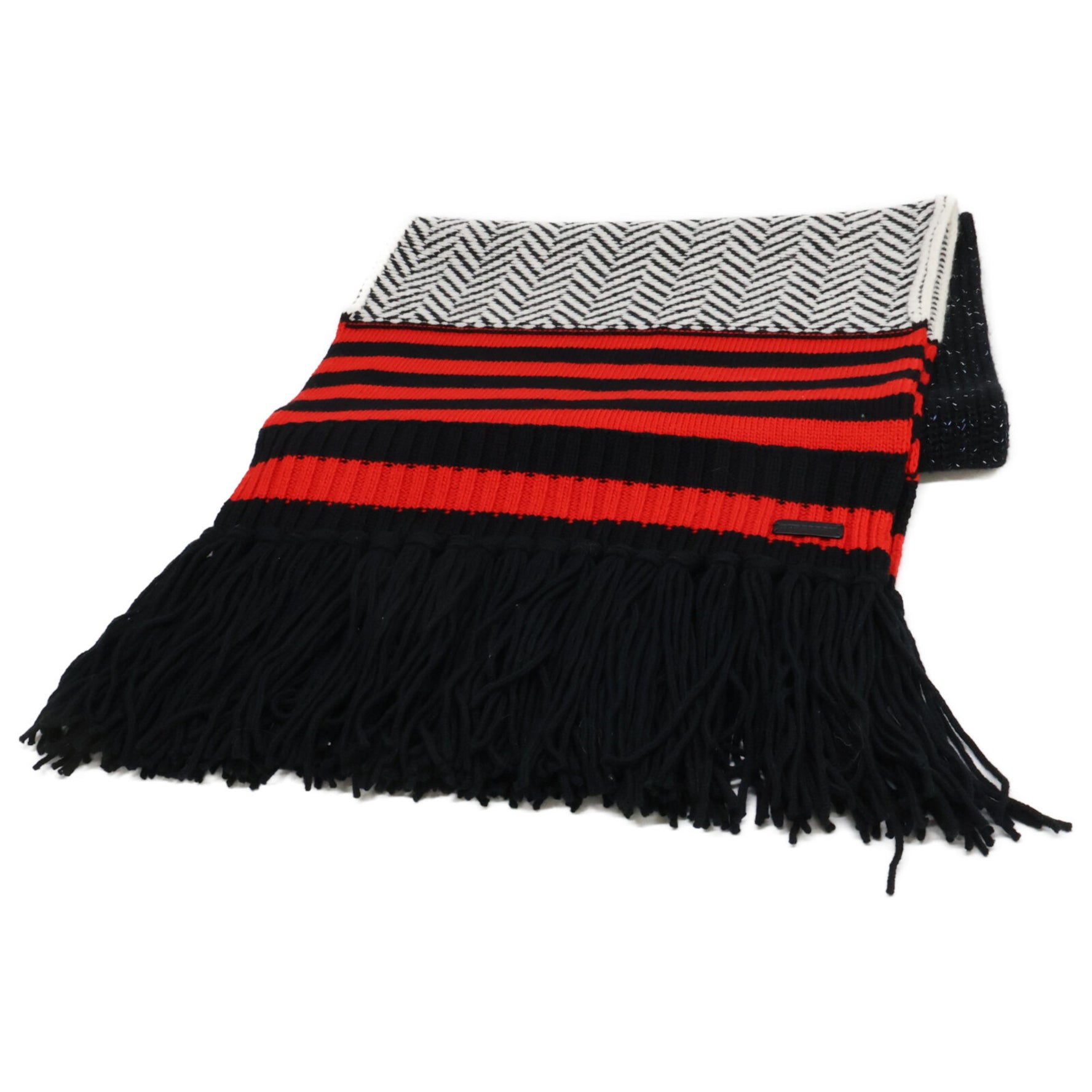 BURBERRY Border Fringe Long Scarf in Red, Black, and White