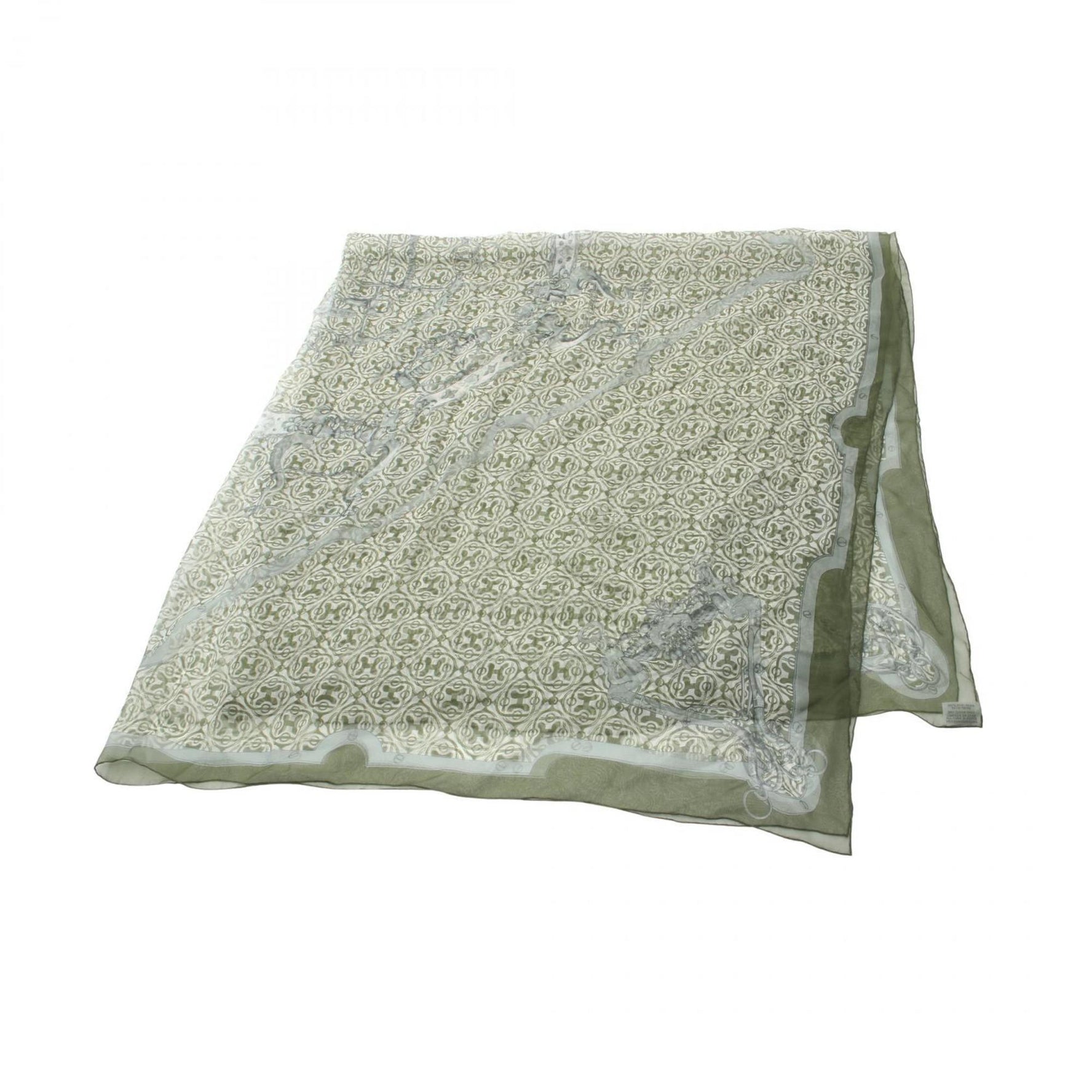 HERMES MORS ET GOURMETTES Carre Gean 140 Silk Scarf for Women Khaki Multicolor