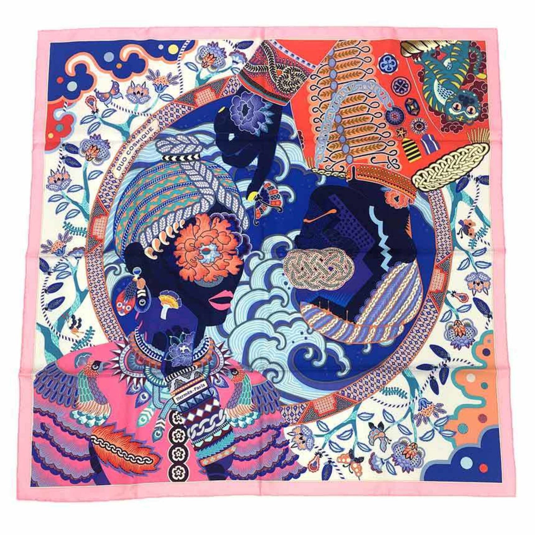 HERMES Carré 90 Scarf/Muffler, DUO COSMIQUE, 2021, Pink, 100% Silk