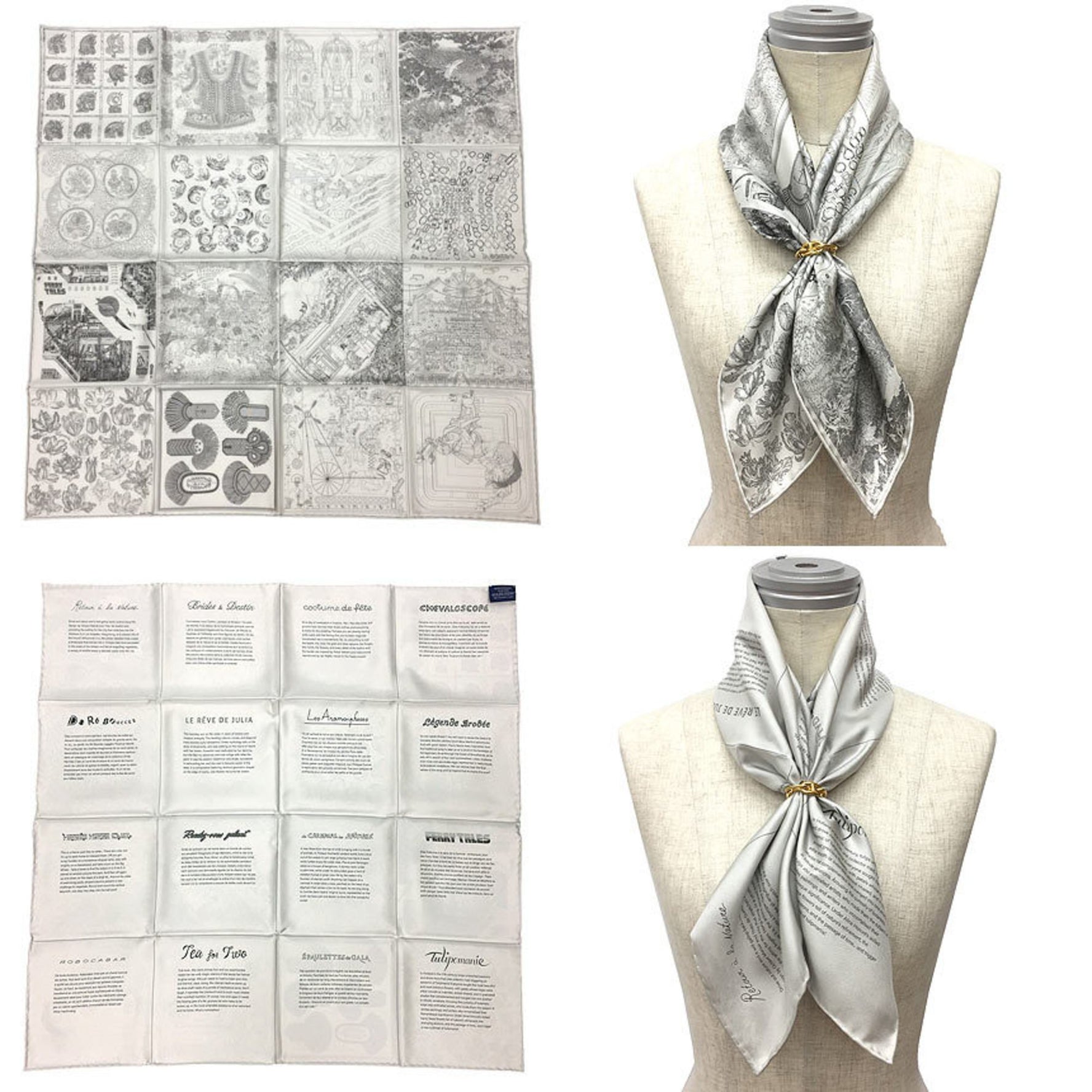 HERMES 2023 Year's Gift: Hermès Carre 60 Scarf, Double-Face, Robocabar, White x Gray, Unused