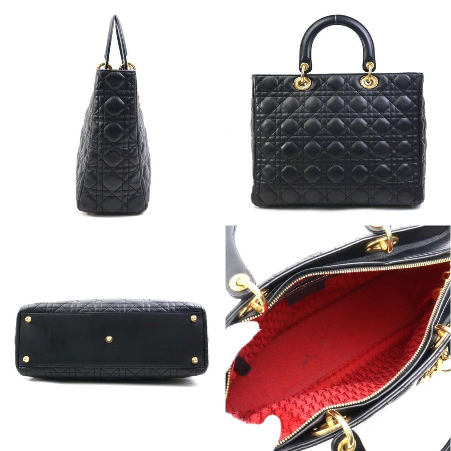 Christian Dior Lady Handbag Shoulder Bag Leather Black Gold Women's