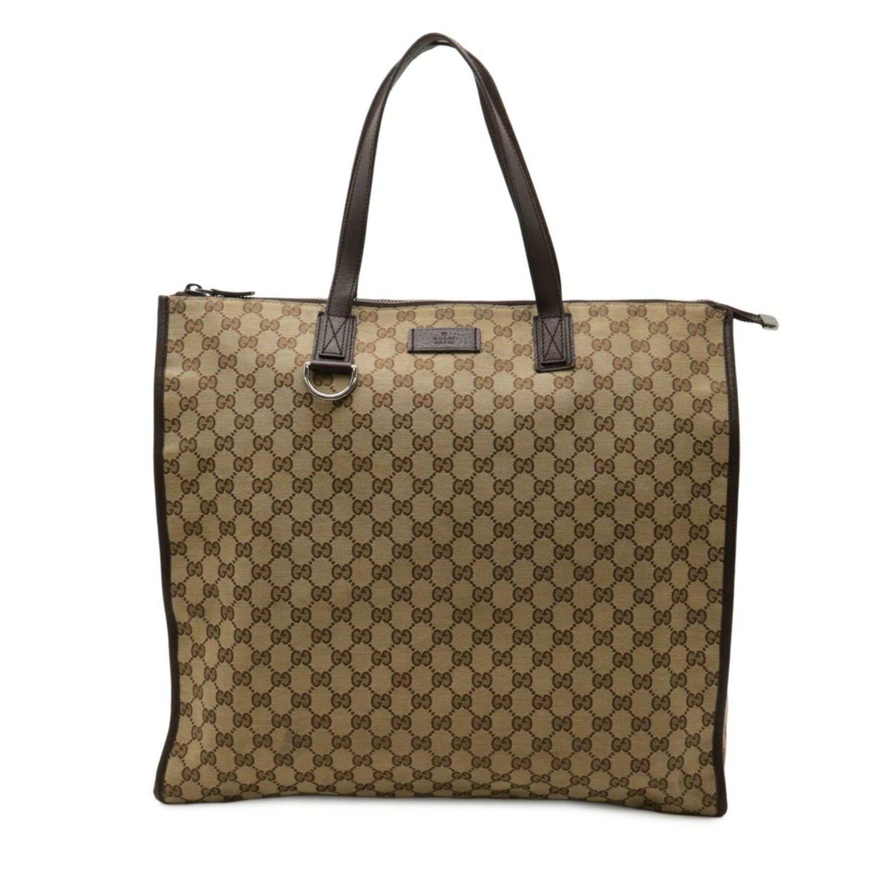 GUCCI GG Canvas Tote Bag Large Shoulder Leather Khaki Beige Dark Brown