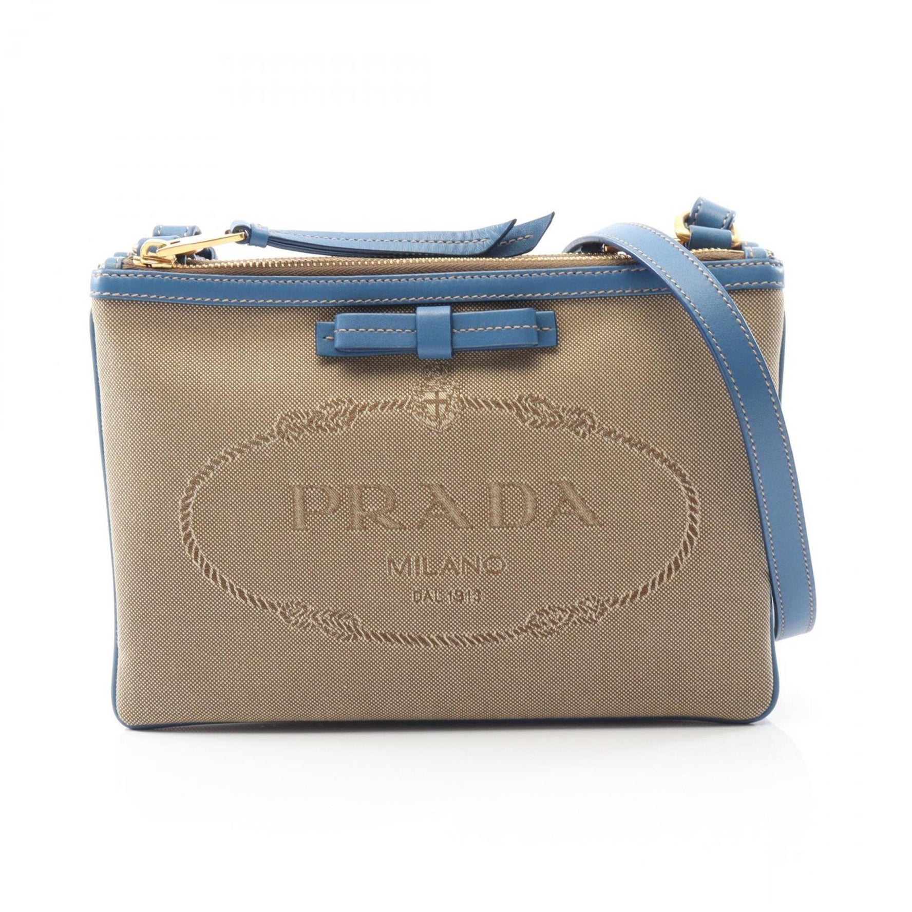 Prada Logo Jacquard Shoulder Bag in Canvas and Leather, Beige Blue