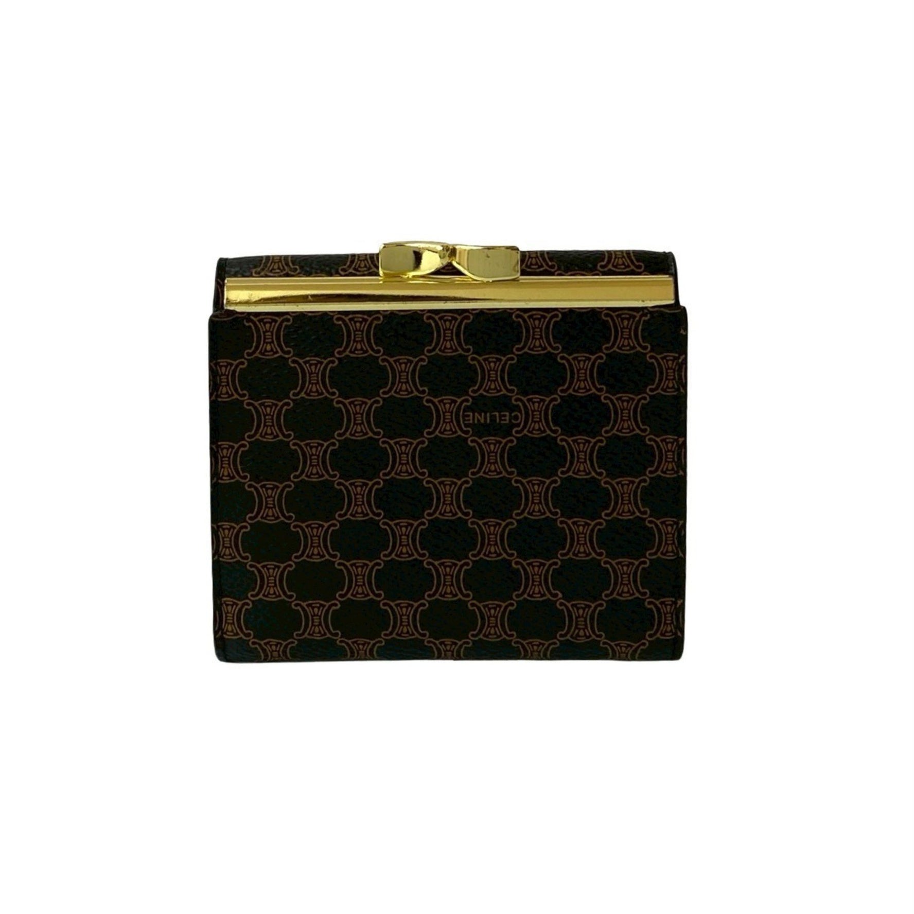 CELINE Logo Macadam Blason Pattern Leather Clasp Tri-fold Wallet in Black and Brown