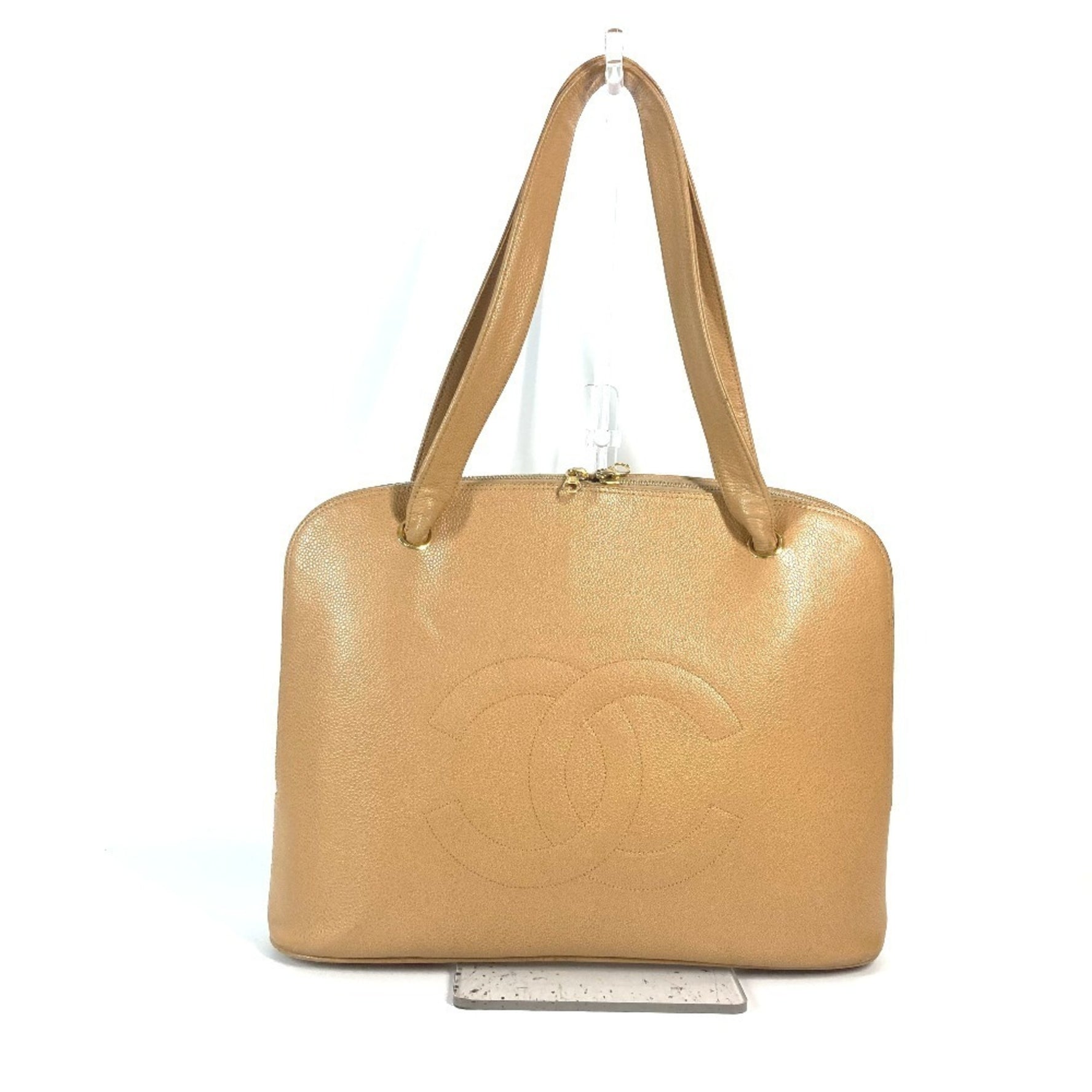 CHANEL Vintage CC Coco Mark Bag Shoulder Tote Caviar Skin Women's Beige