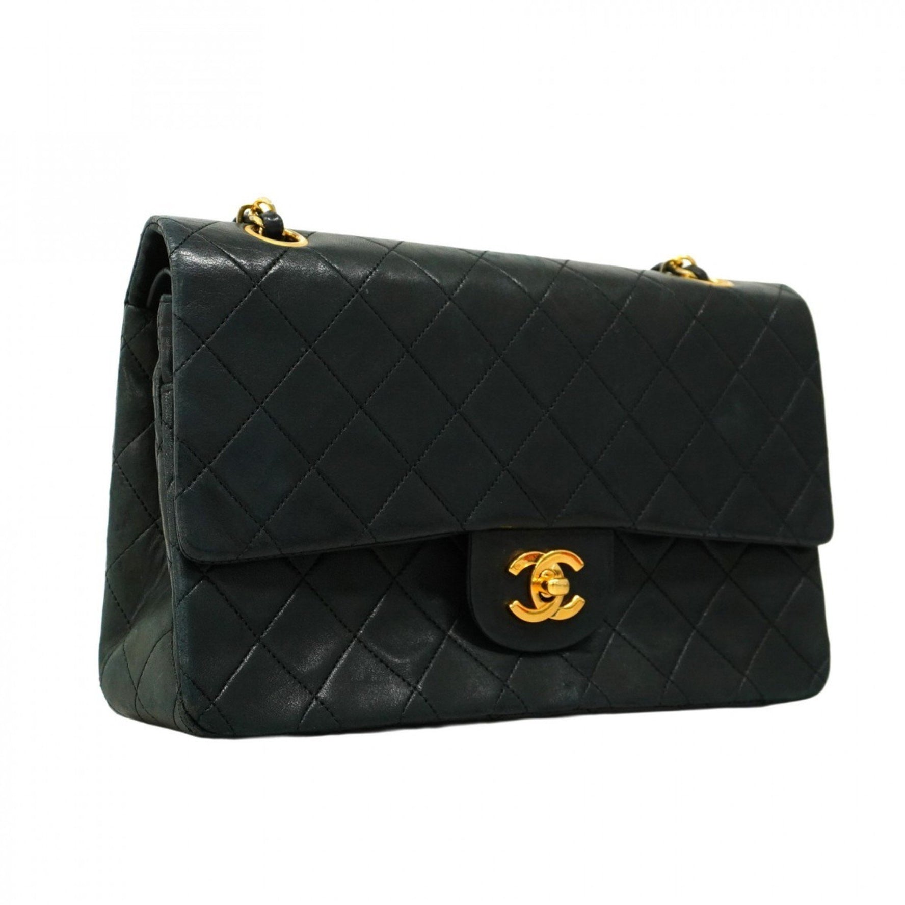 Chanel Matelasse Shoulder Bag with Double Flap and Chain, Lambskin, Black, Women's