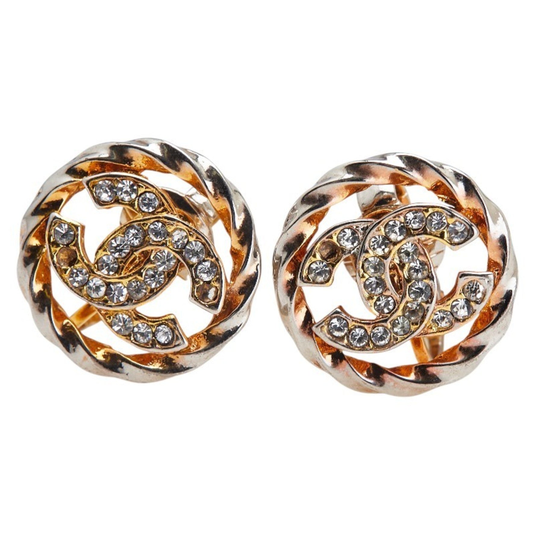 Chanel Coco Mark Rhinestone Round Earrings in Silver and Gold Plated Metal